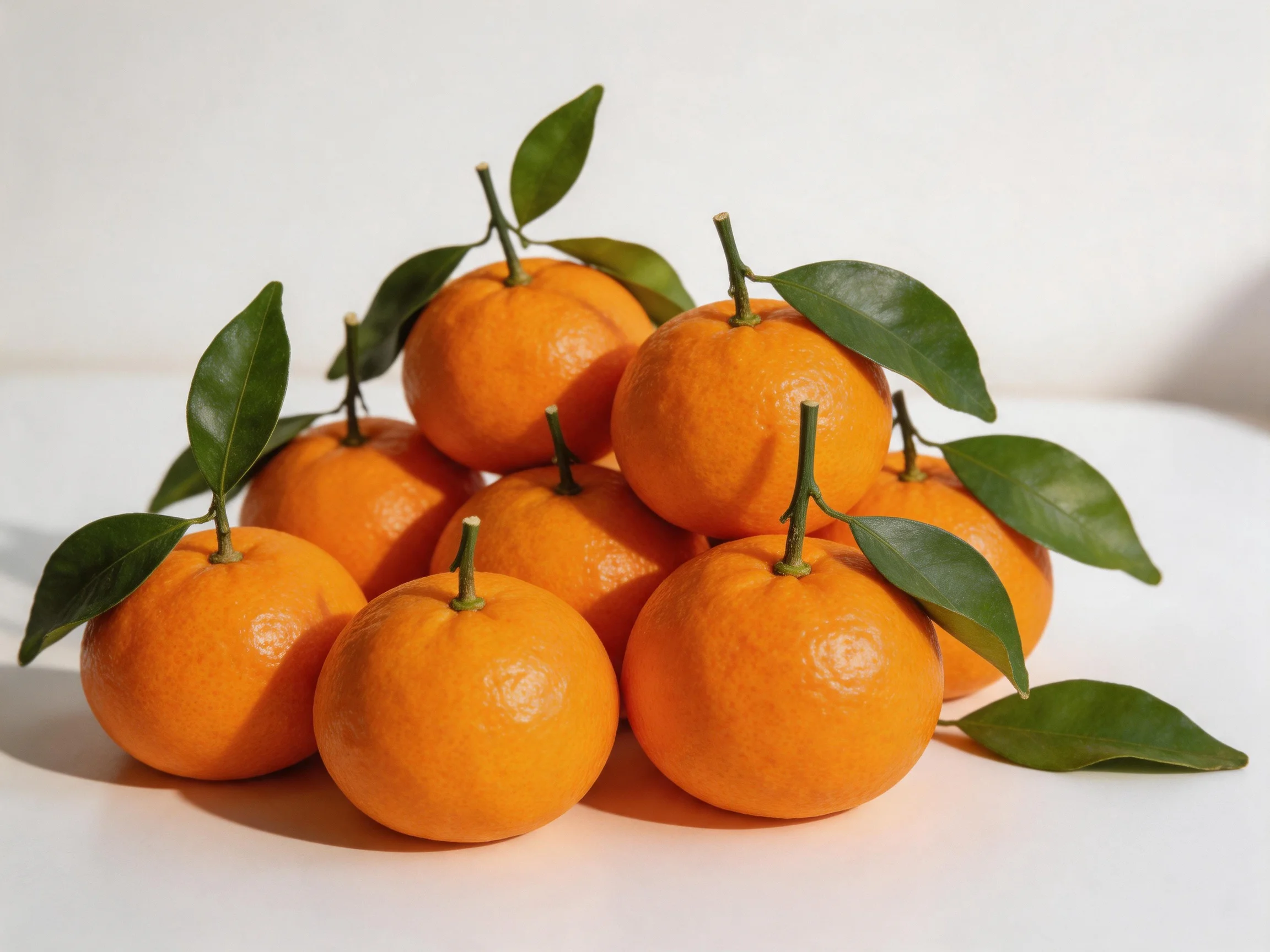 A pile of vibrant orange tangerines with fresh green leaves