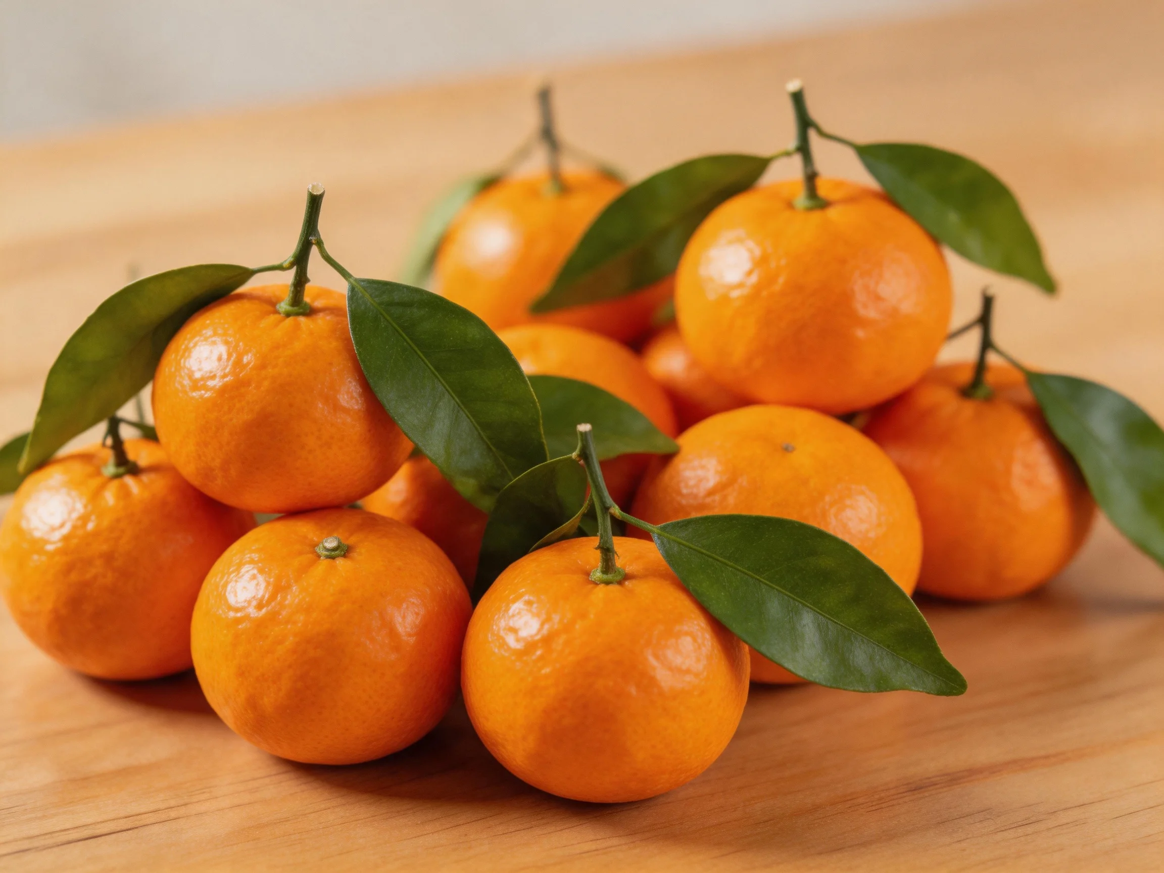 A pile of vibrant orange tangerines with green leaves on a wooden surface