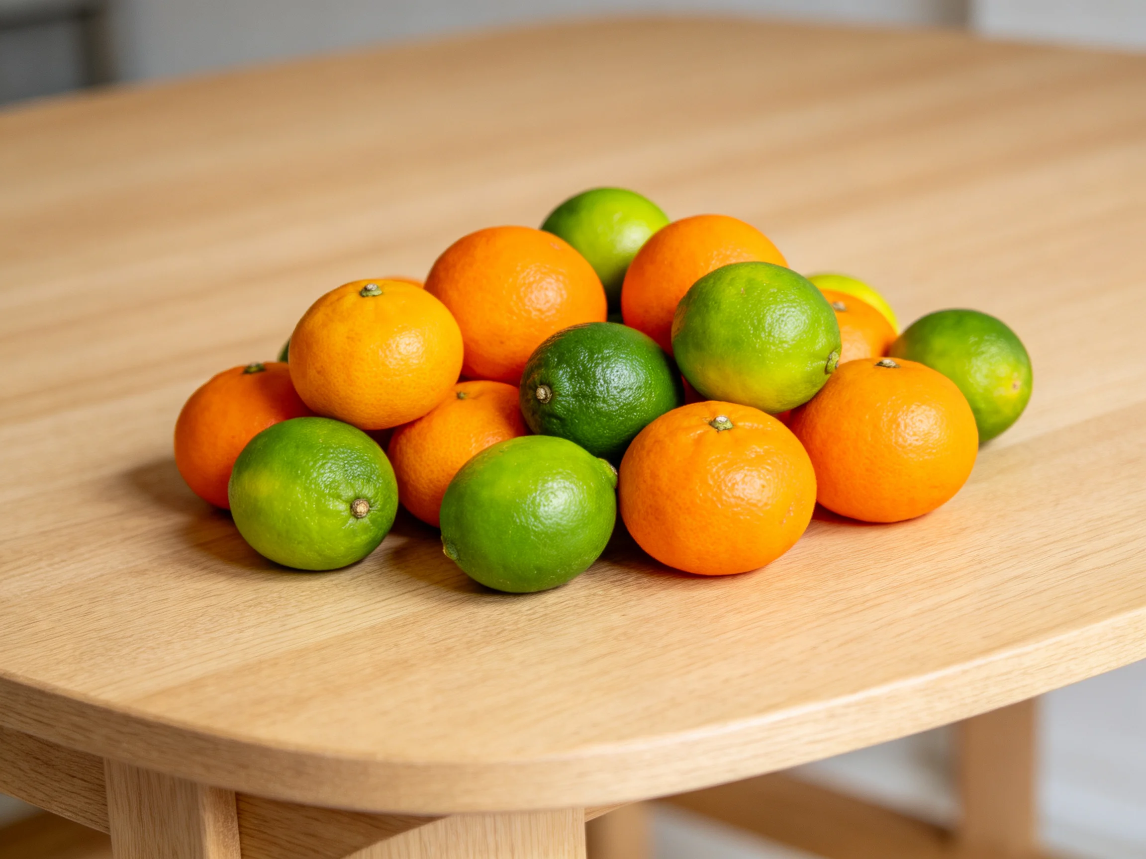 A pile of vibrant oranges and limes arranged on a wooden table