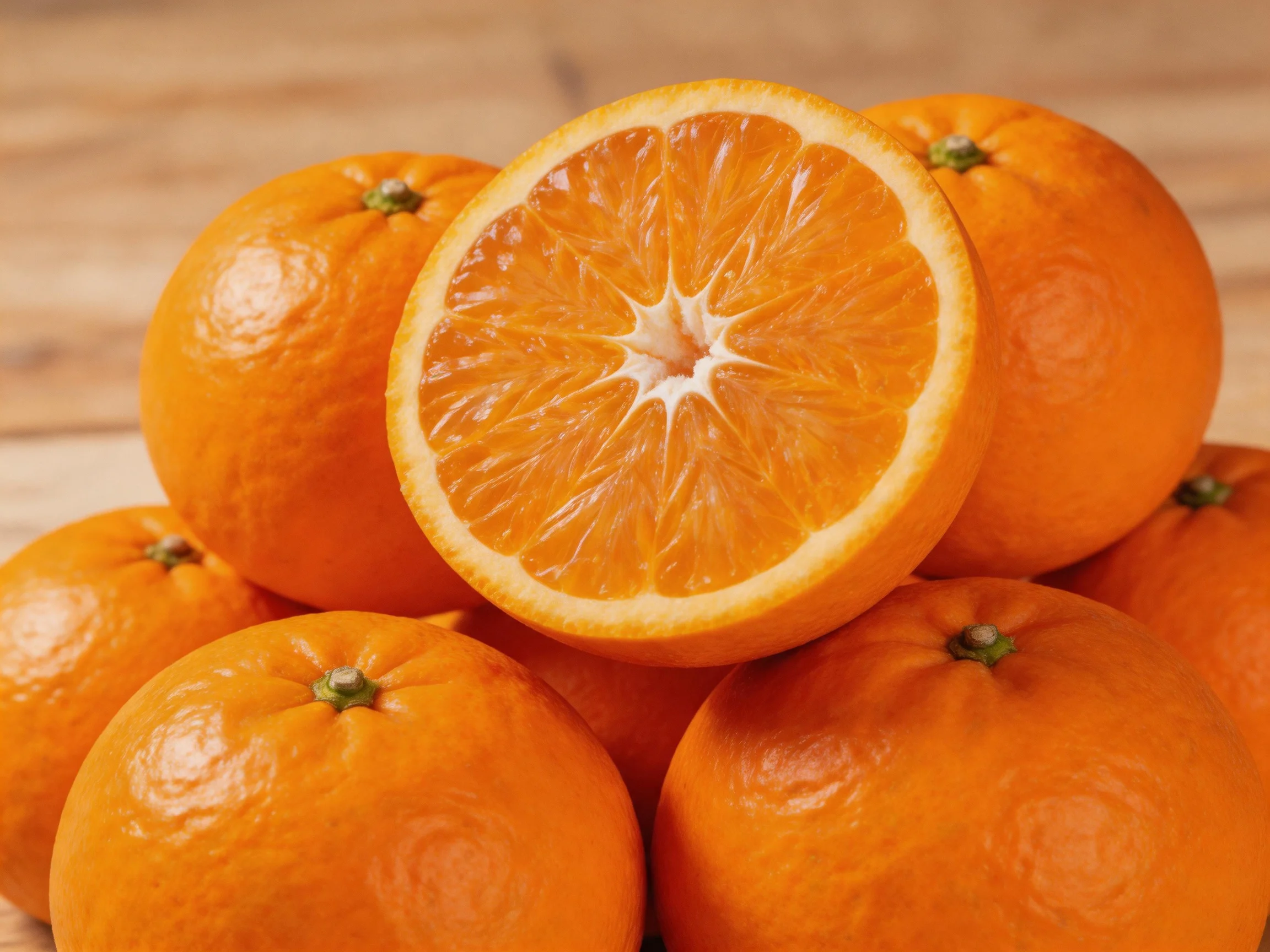 A pile of vibrant oranges with one halved orange displayed