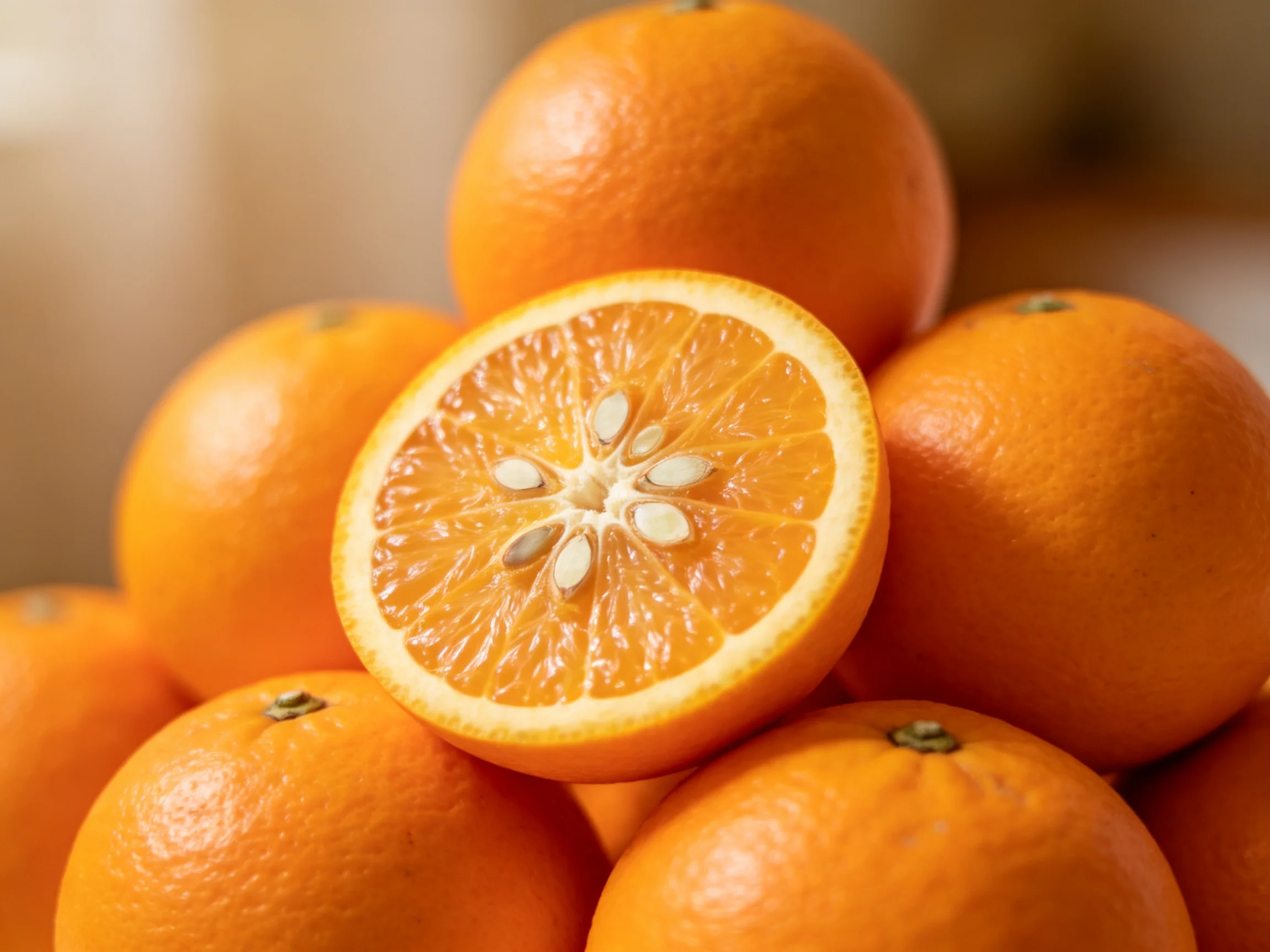 A pile of vibrant oranges with one halved to show interior