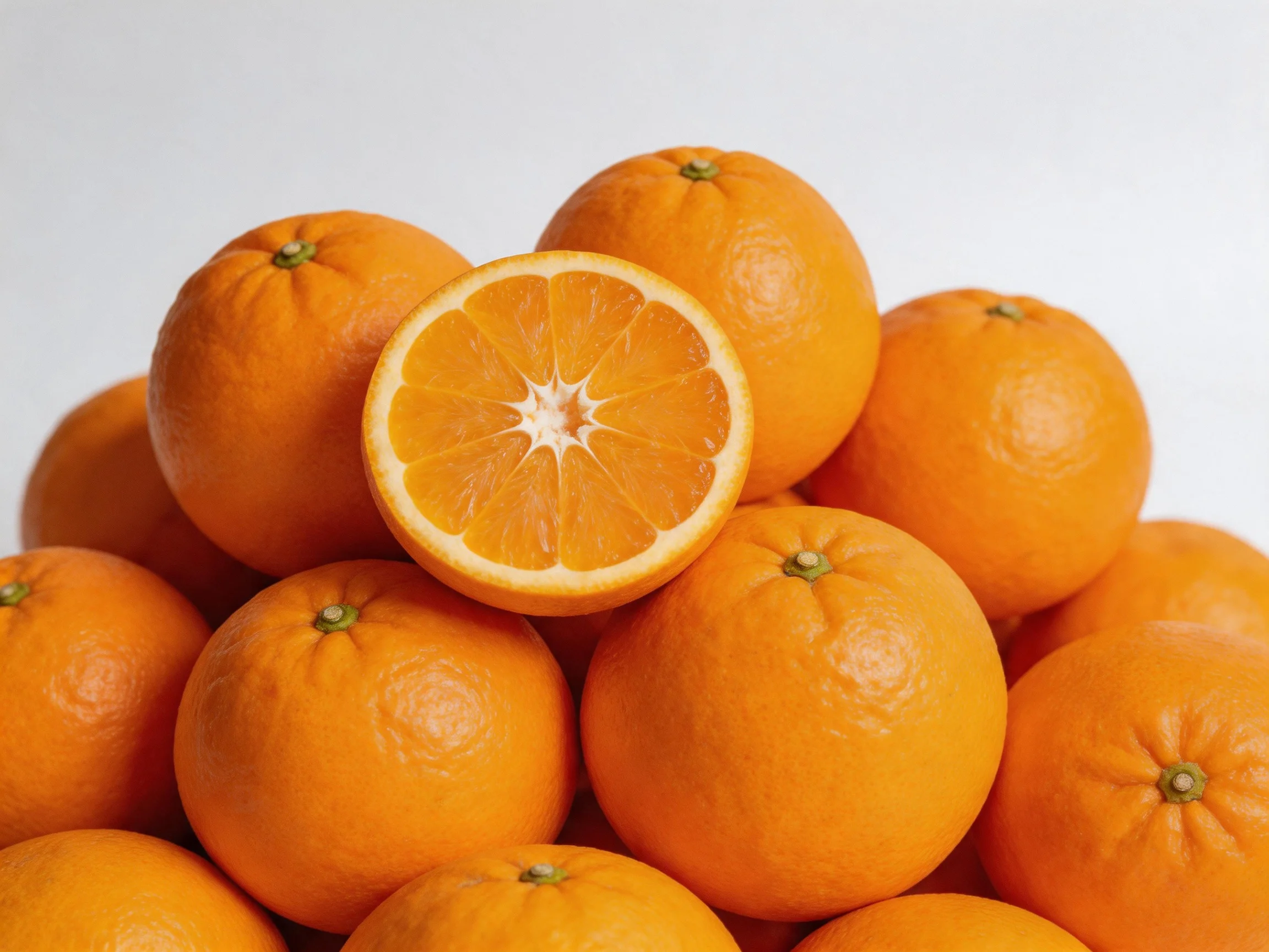 A pile of vibrant oranges with one sliced open