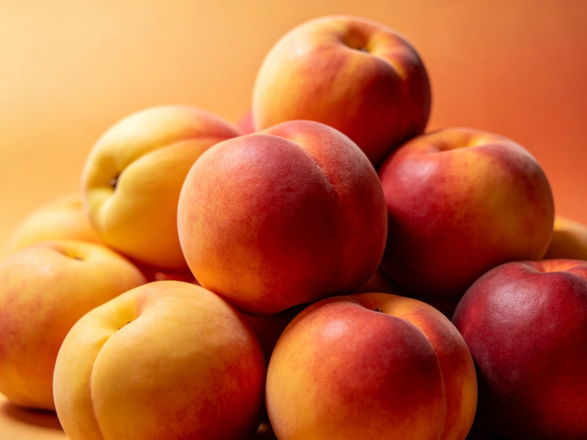 A pile of vibrant peaches in warm orange and red hues