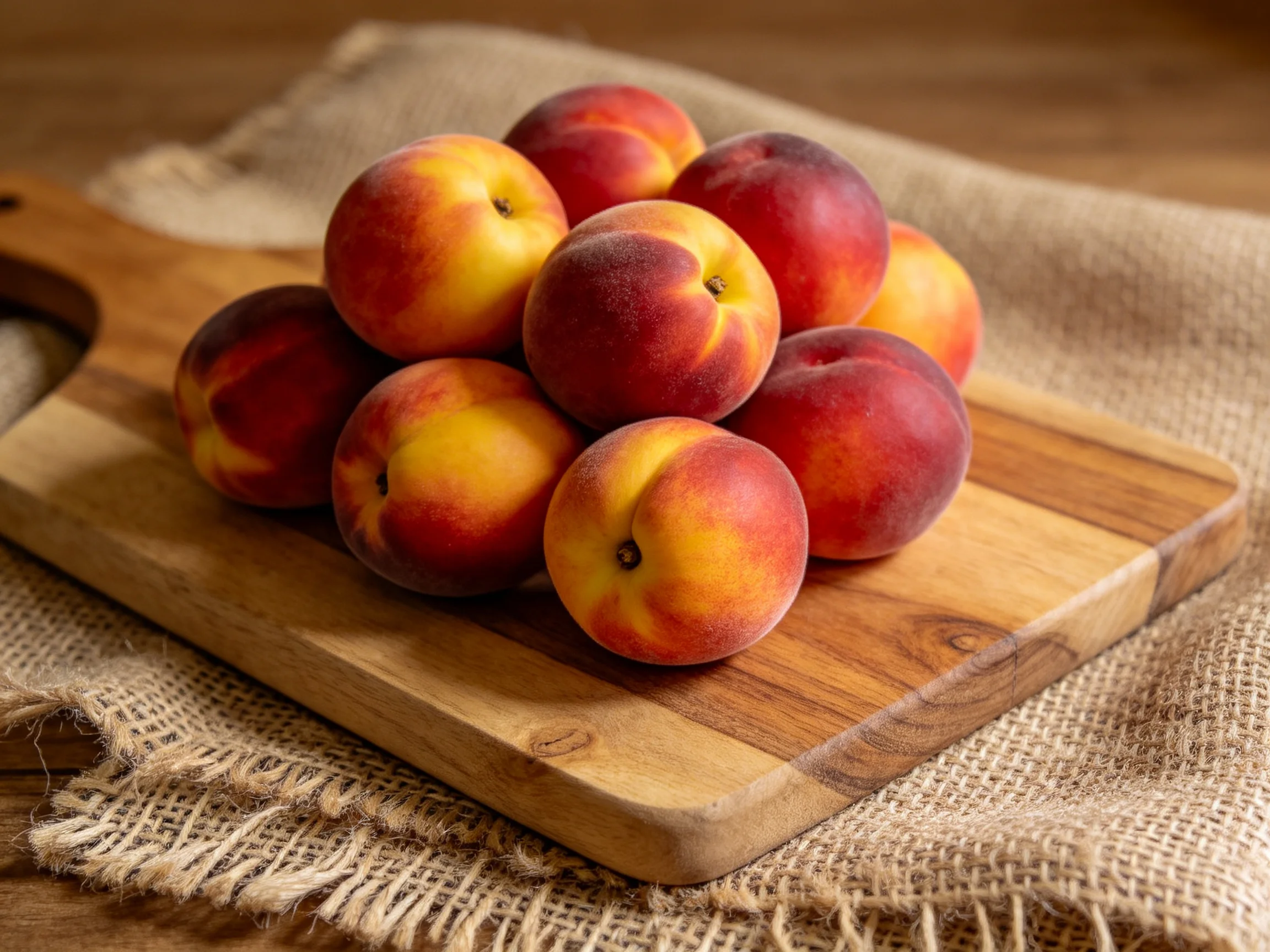 A pile of vibrant peaches rests on a wooden cutting board over burlap fabric