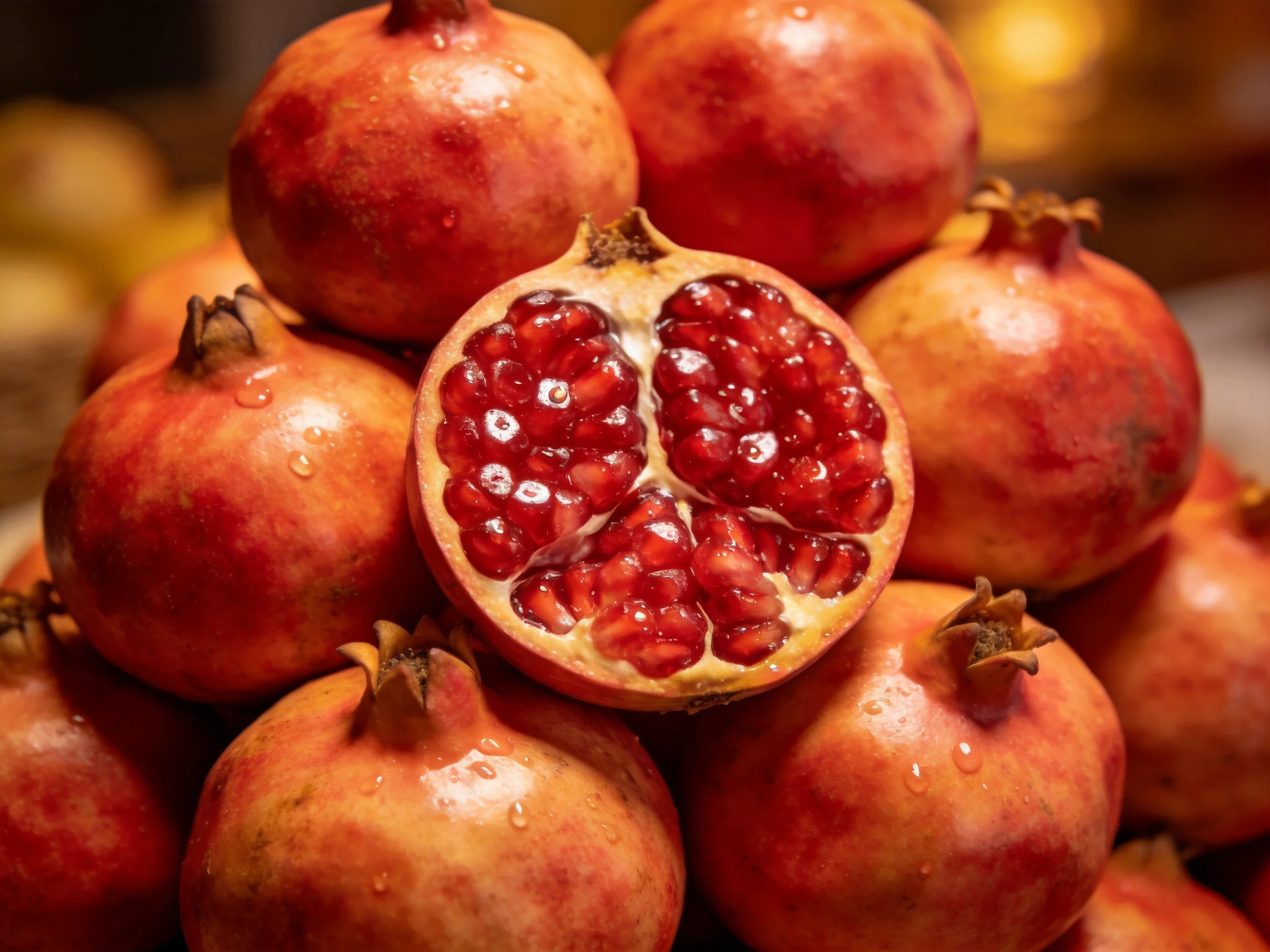 A pile of vibrant pomegranates with one cut open revealing red seeds