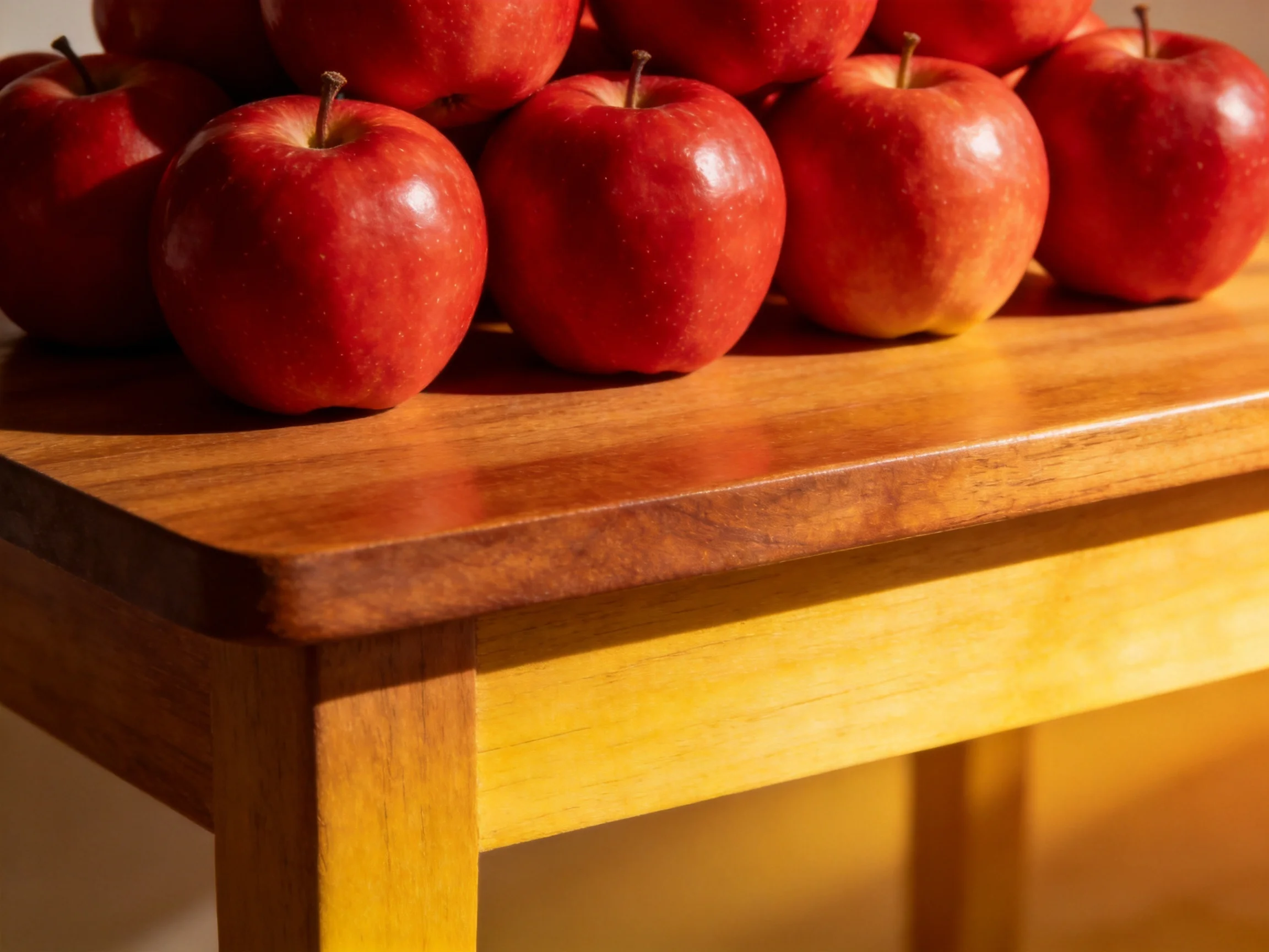 A pile of vibrant red apples arranged on a polished wooden table