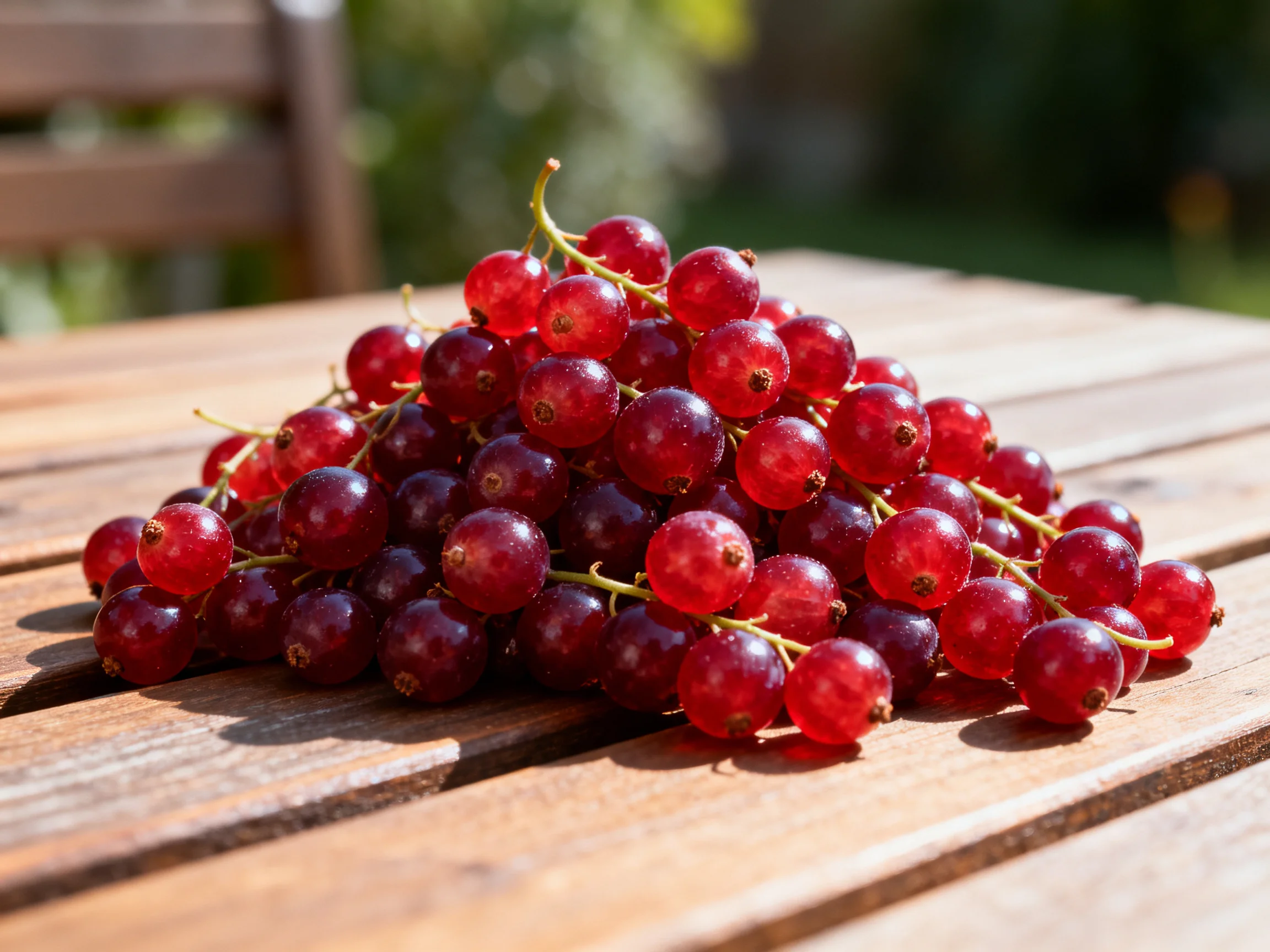 A pile of vibrant red berries on a wooden outdoor table