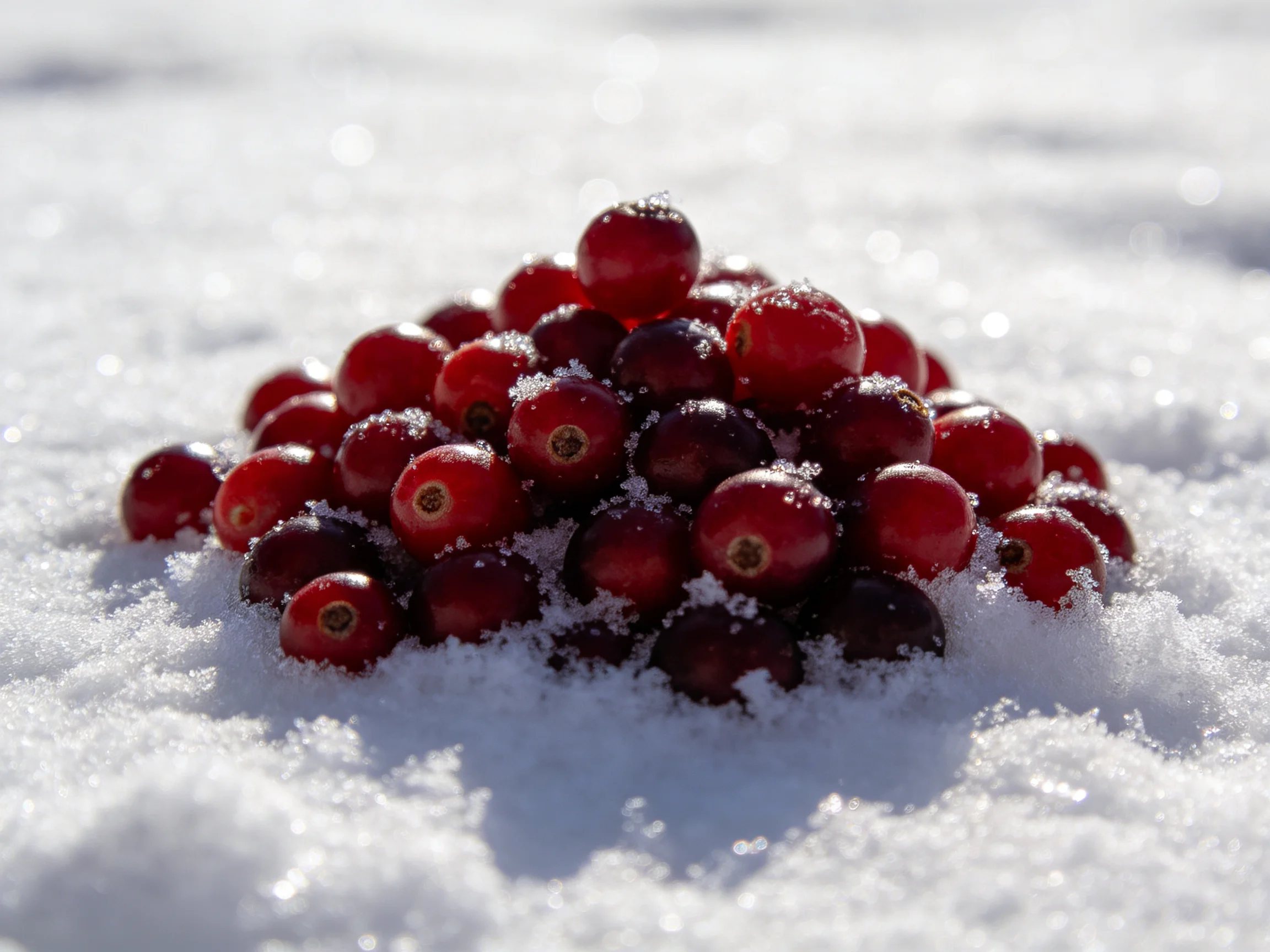 A pile of vibrant red cranberries resting on bright white snow