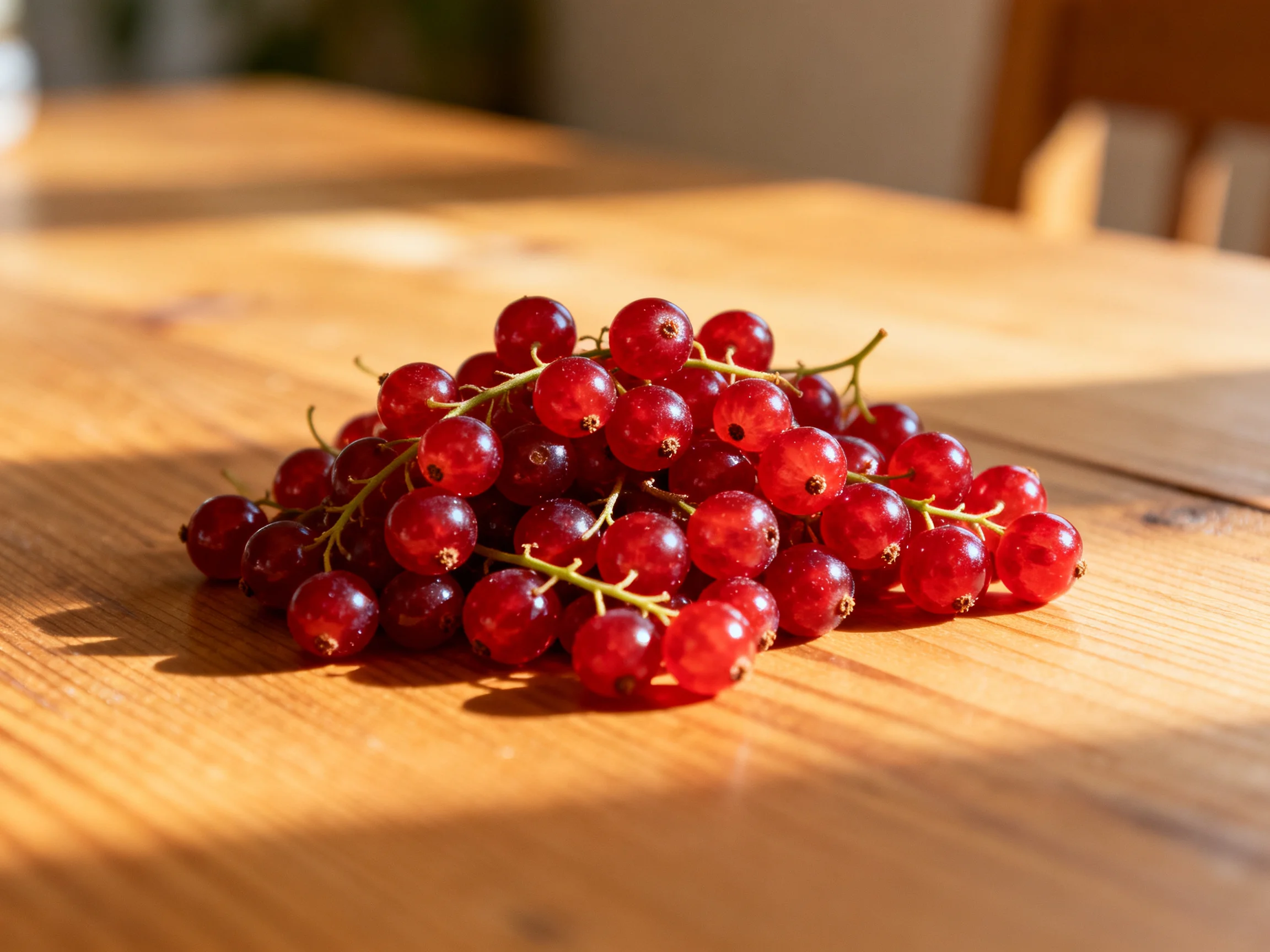 A pile of vibrant red currants rests on a polished wooden table