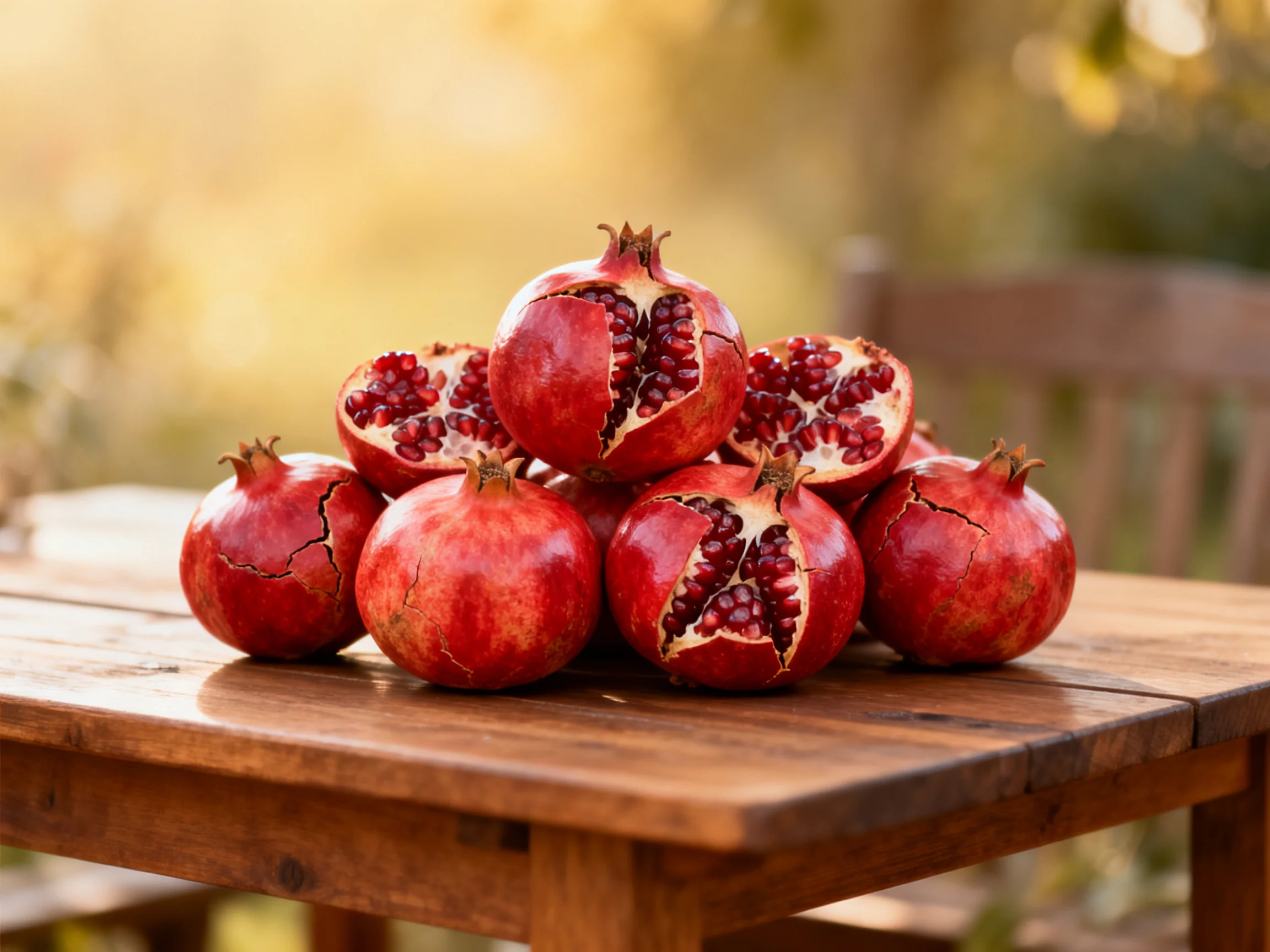 A pile of vibrant red pomegranates arranged on a wooden table