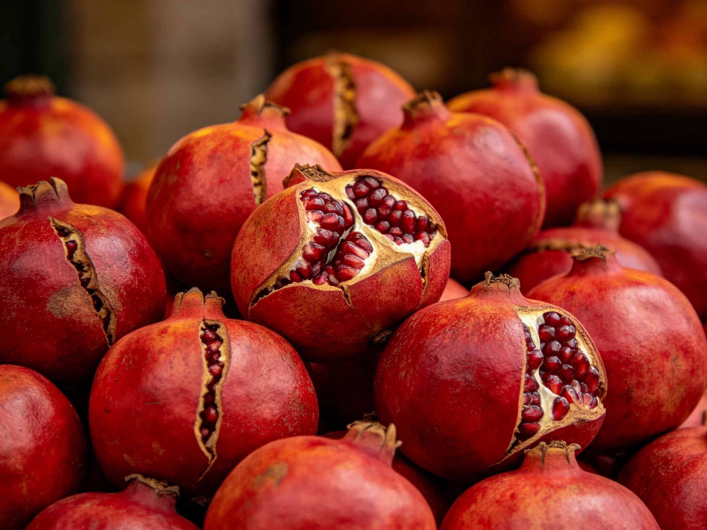 A pile of vibrant red pomegranates, some cracked open to reveal seeds