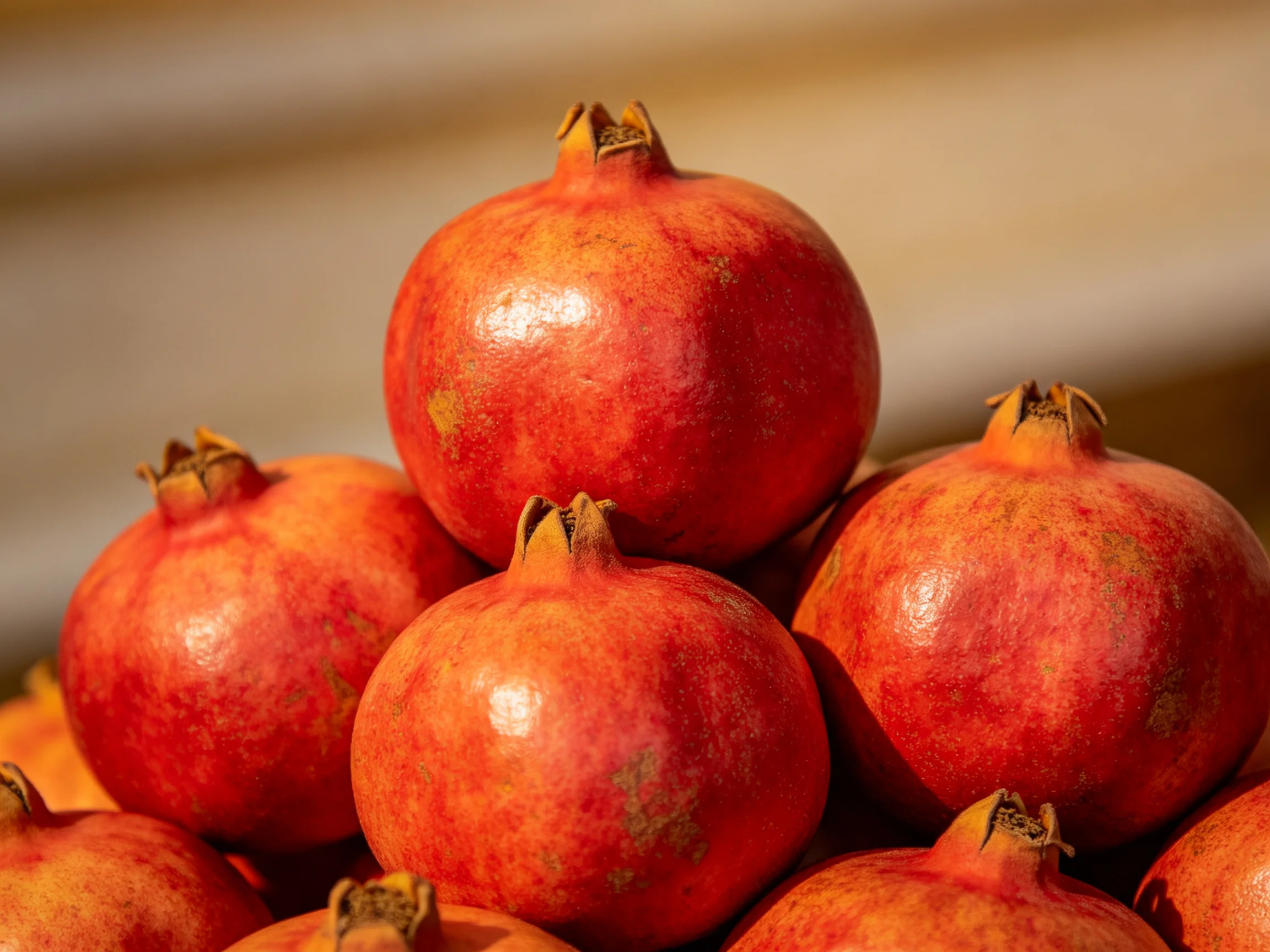 A pile of vibrant red pomegranates stacked in a pyramid formation