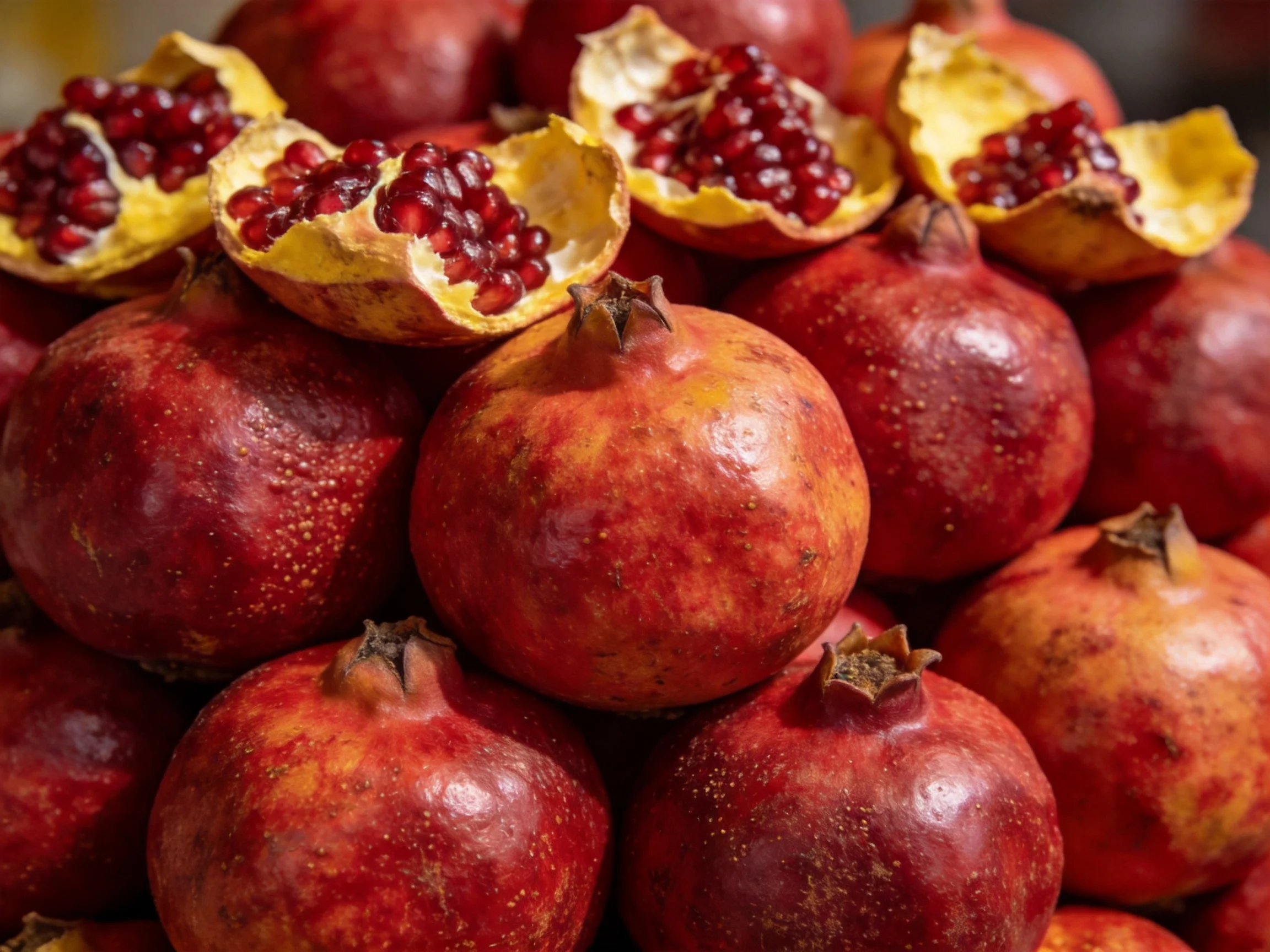 A pile of vibrant red pomegranates with open fruit revealing seeds
