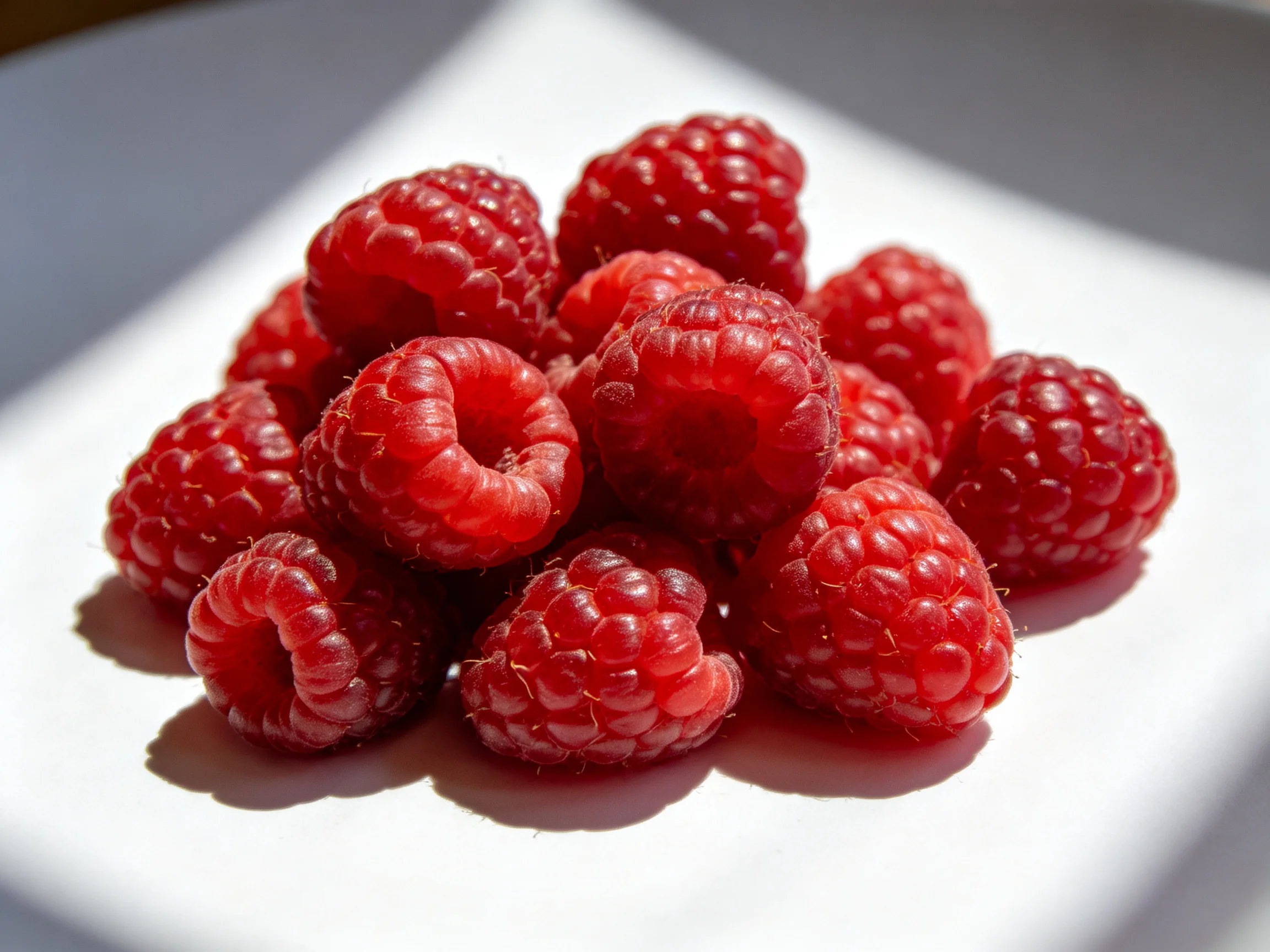 A pile of vibrant red raspberries arranged on a white plate