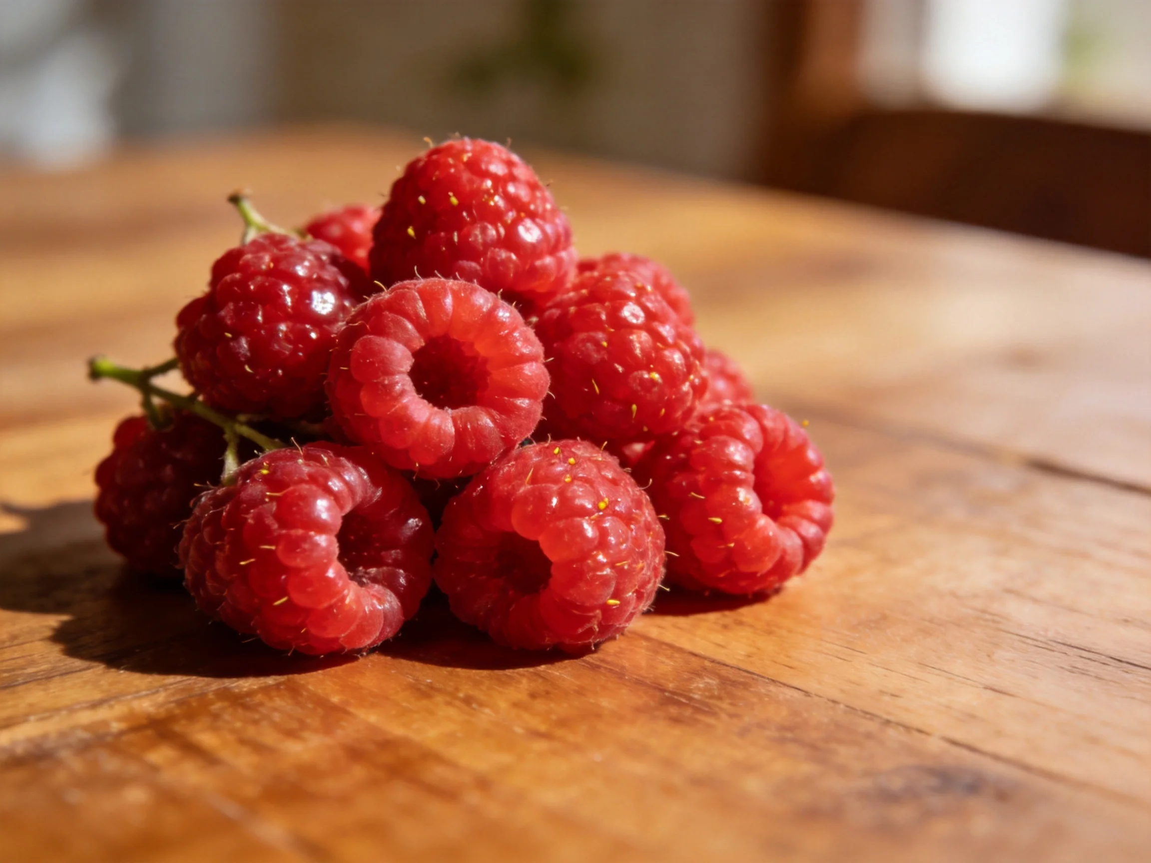 A pile of vibrant red raspberries on a wooden surface