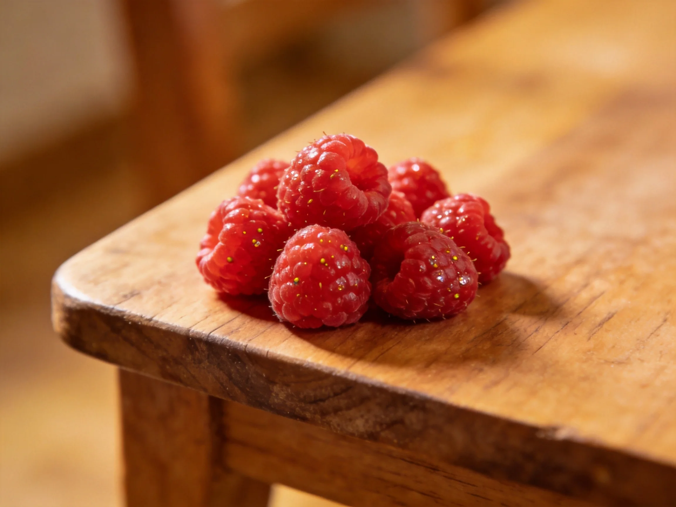 A pile of vibrant red raspberries rests on a wooden table edge.