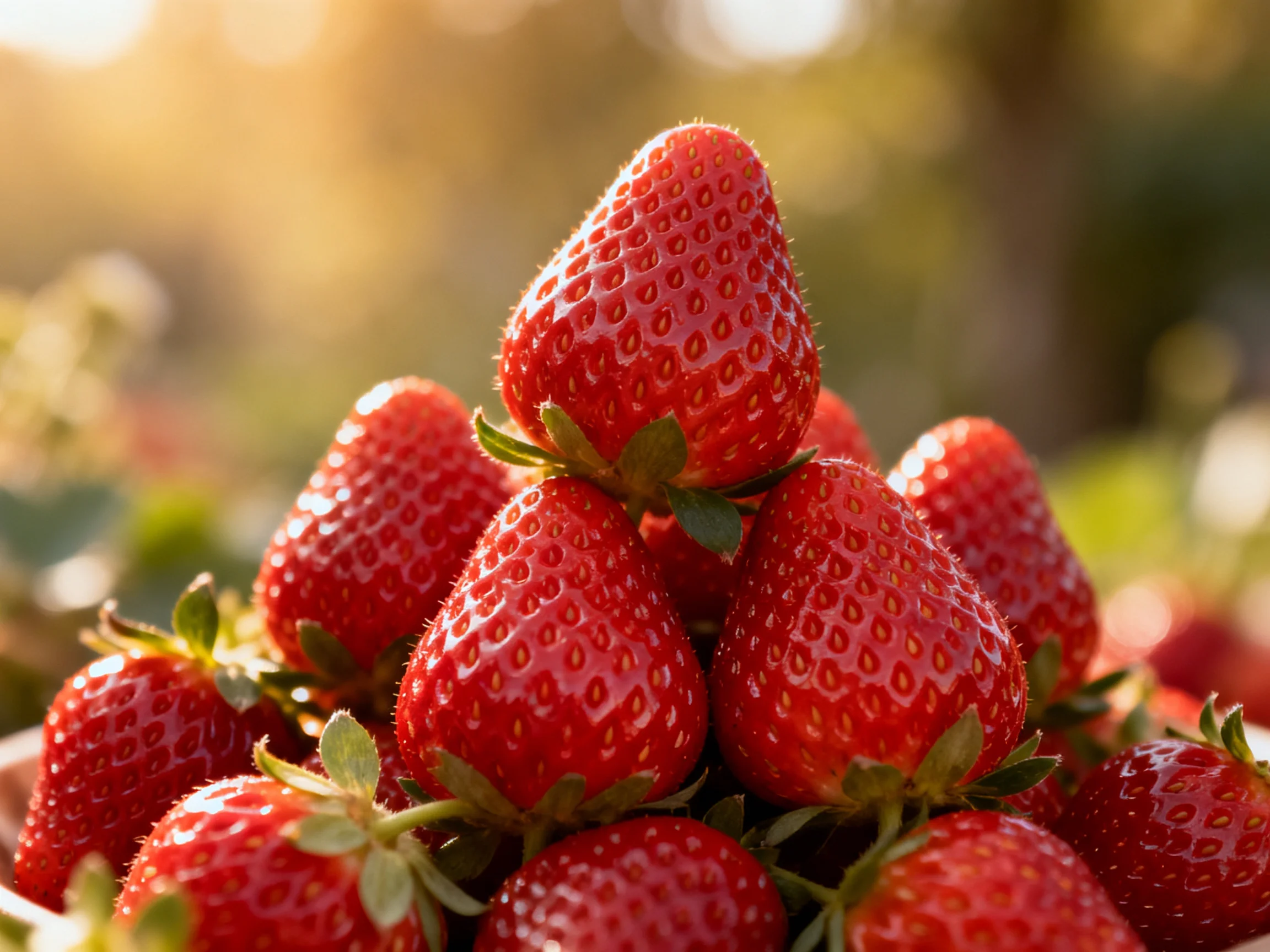 A pile of vibrant red strawberries arranged in a pyramid formation