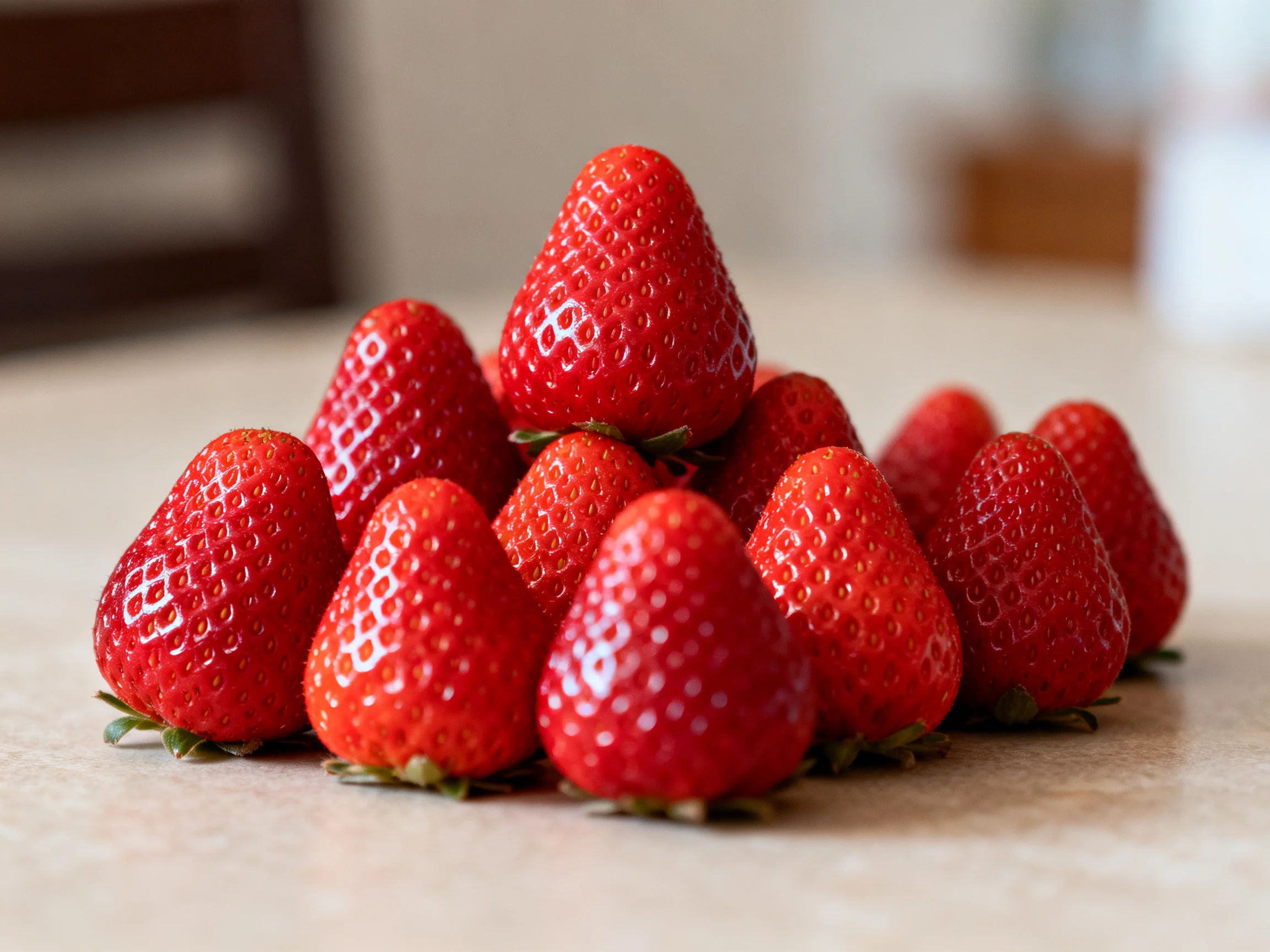 A pile of vibrant red strawberries arranged on a smooth surface
