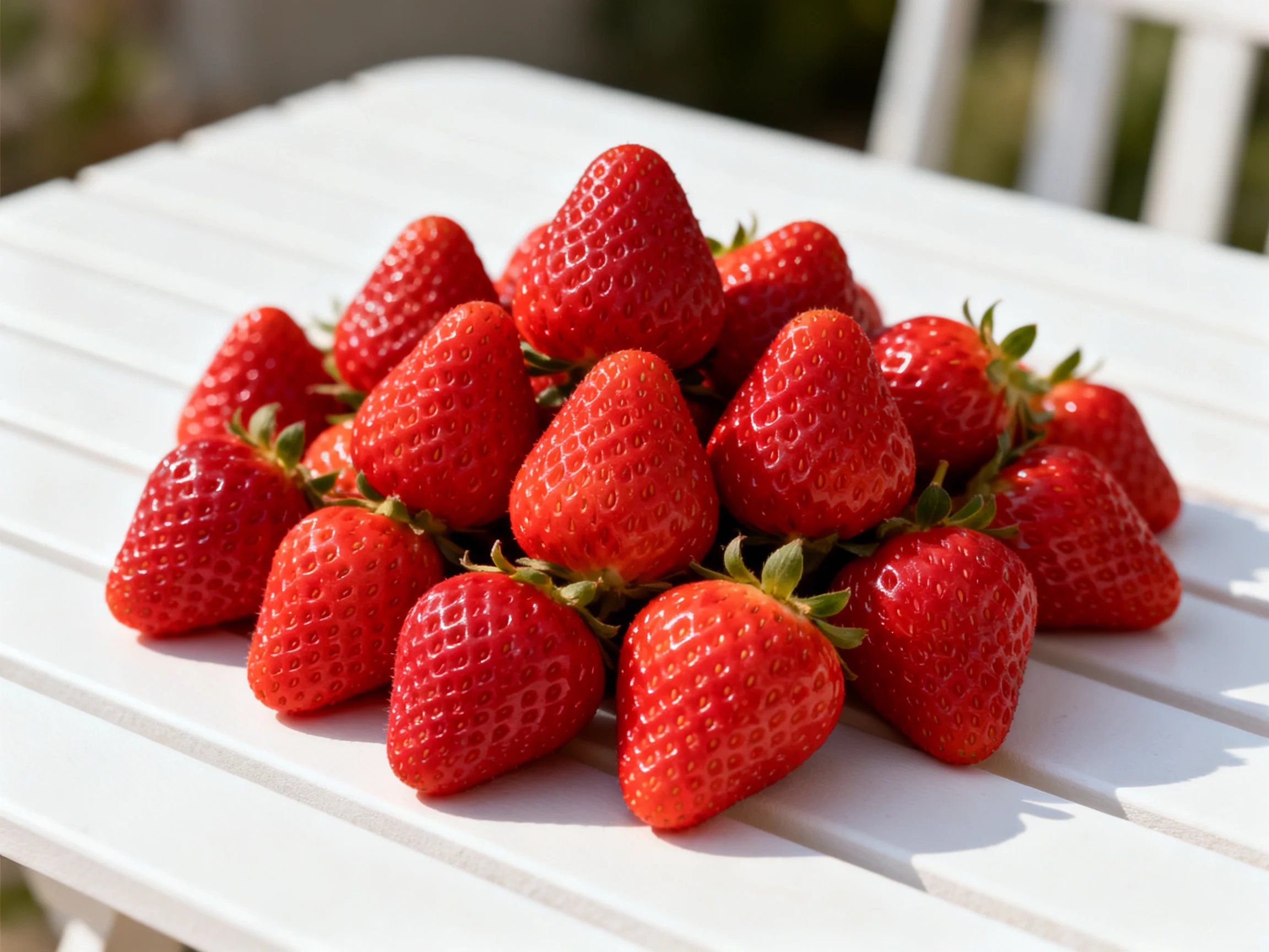 A pile of vibrant red strawberries arranged on a white outdoor table