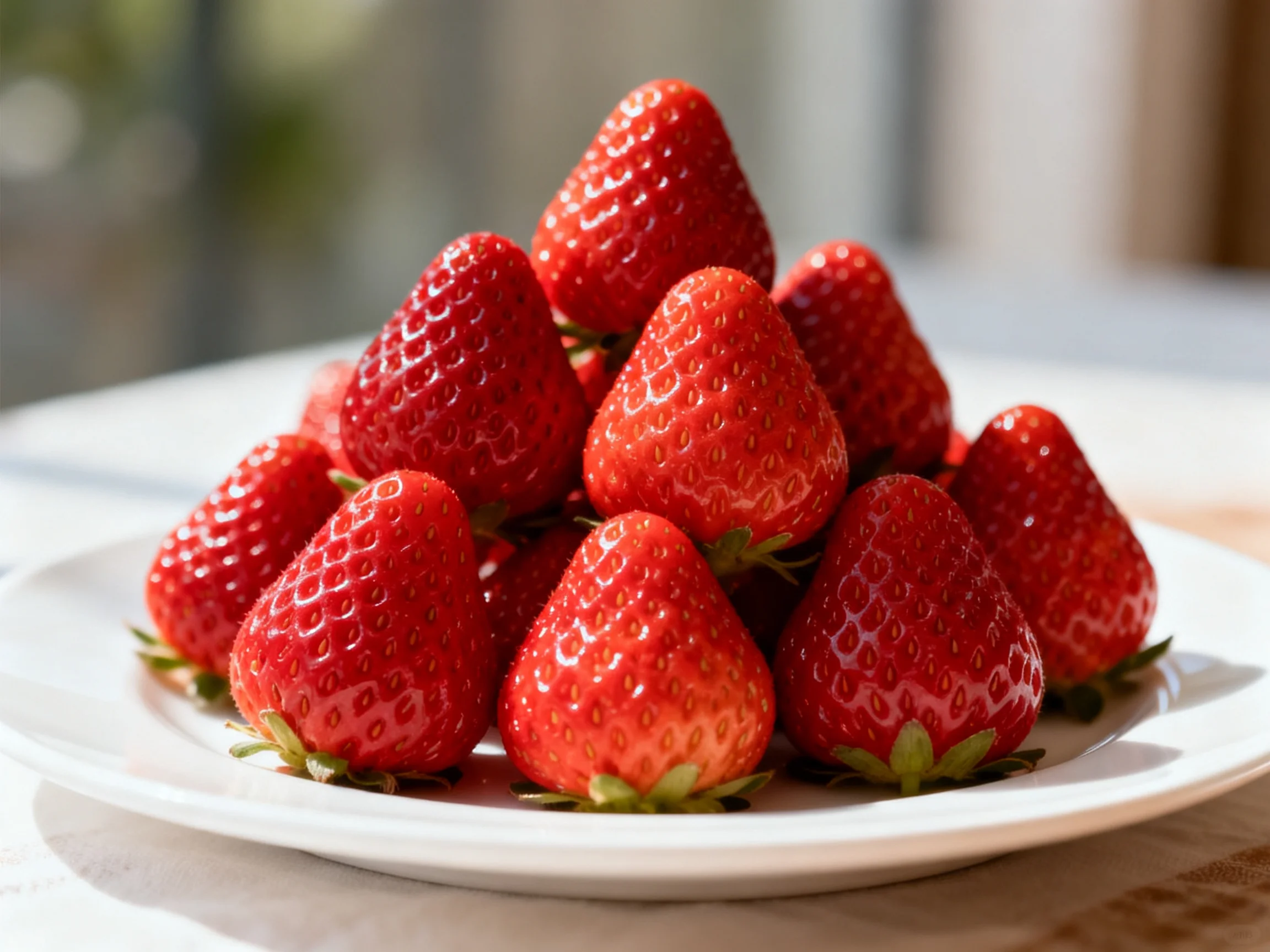 A pile of vibrant red strawberries arranged on a white plate
