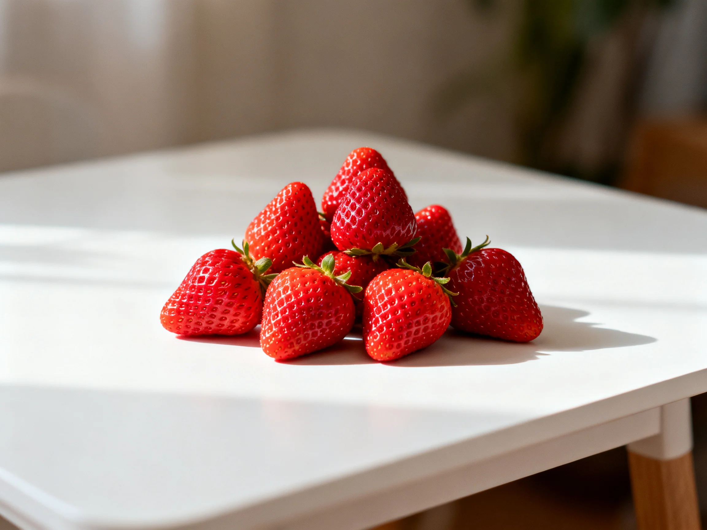 A pile of vibrant red strawberries arranged on a white table