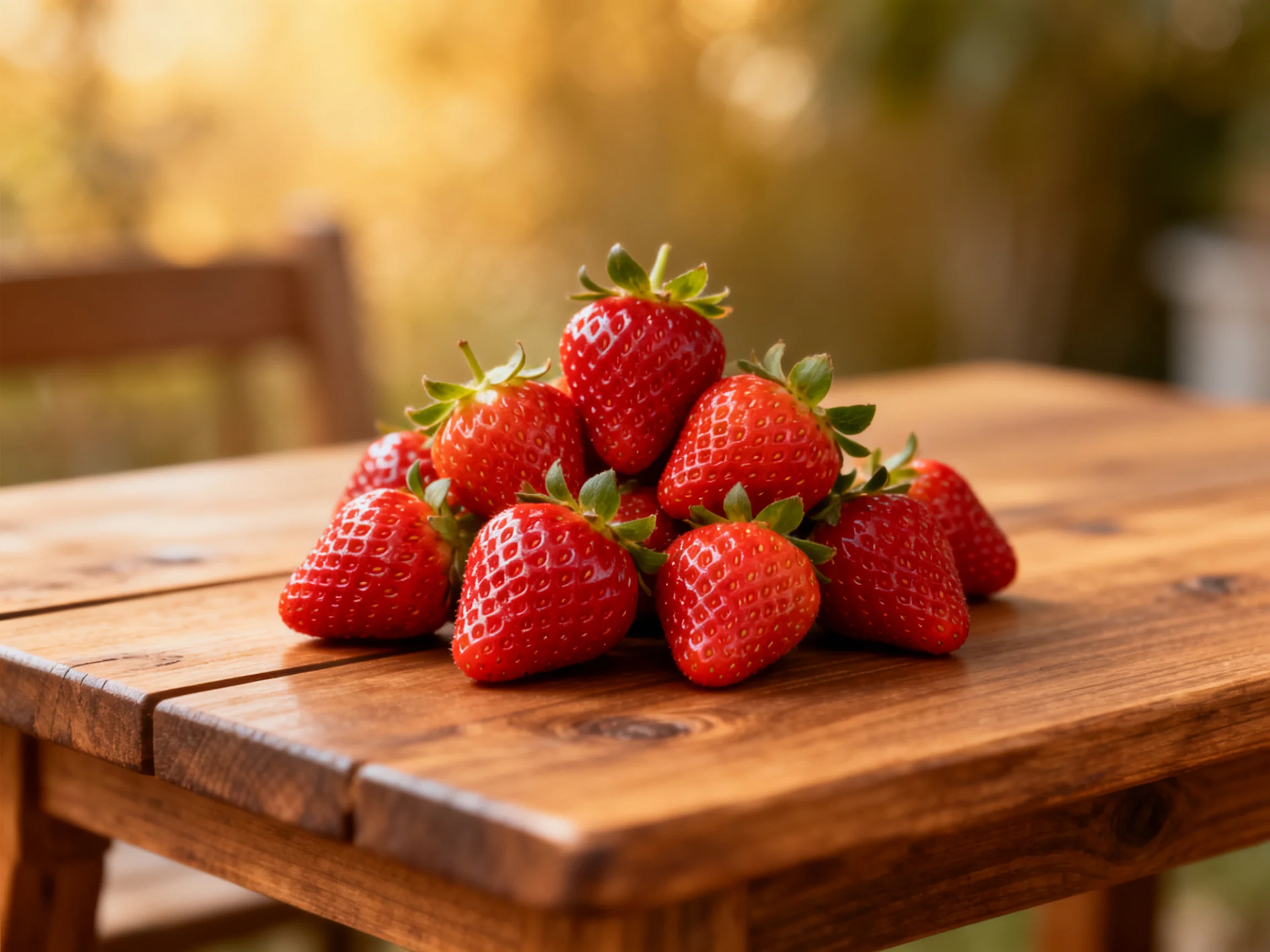 A pile of vibrant red strawberries on a rustic wooden table