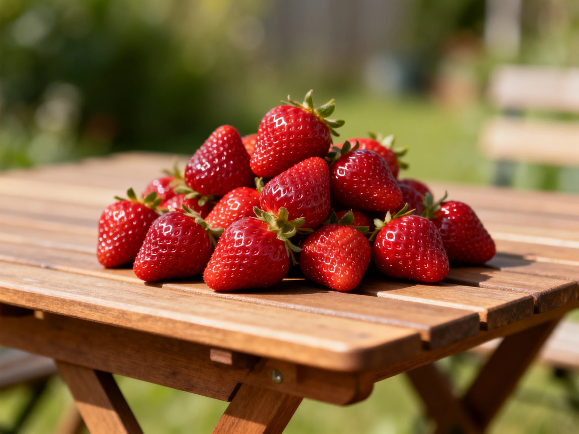 A pile of vibrant red strawberries on a wooden outdoor table
