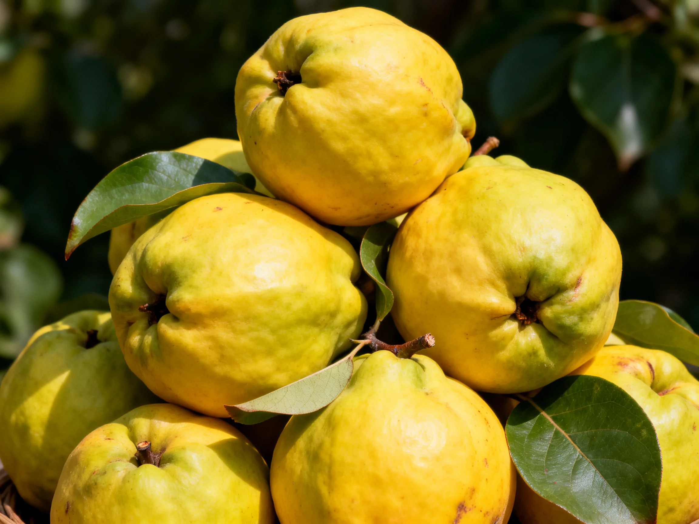 A pile of vibrant yellow quince fruits with green leaves outdoors