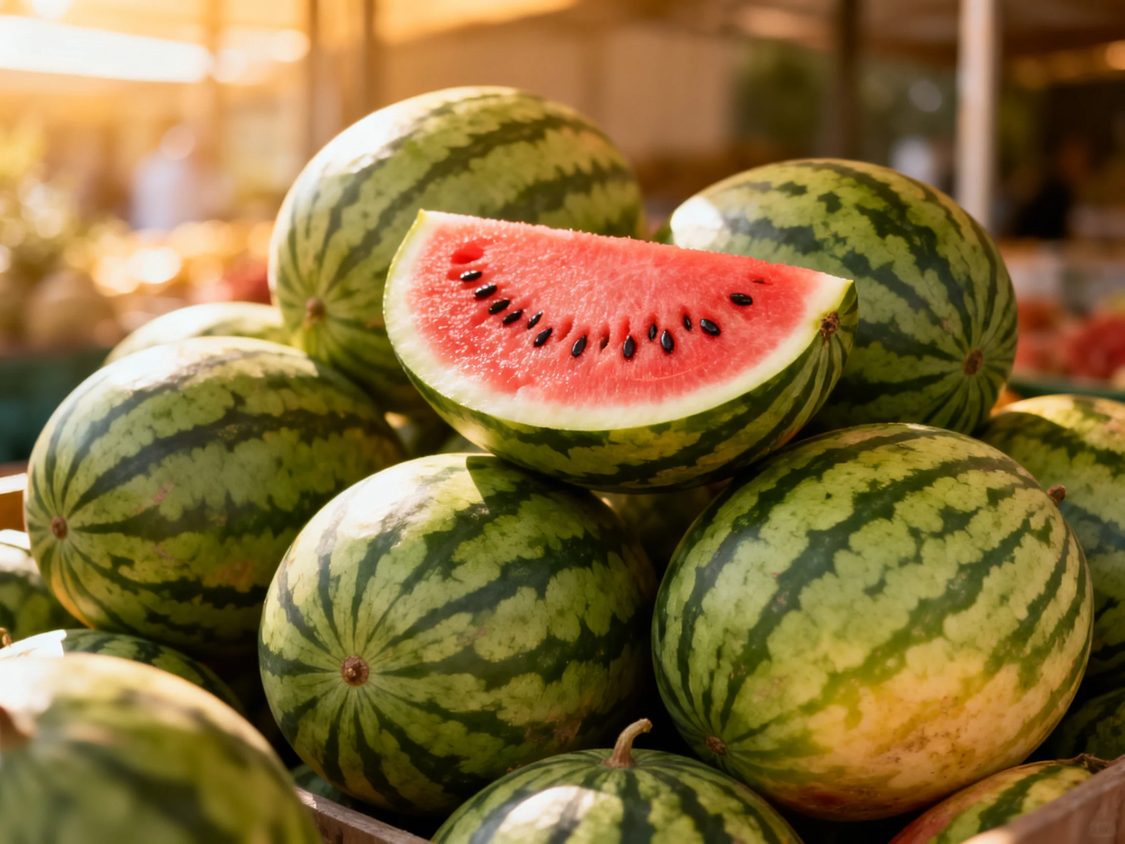 A pile of whole and sliced watermelons with vibrant red flesh