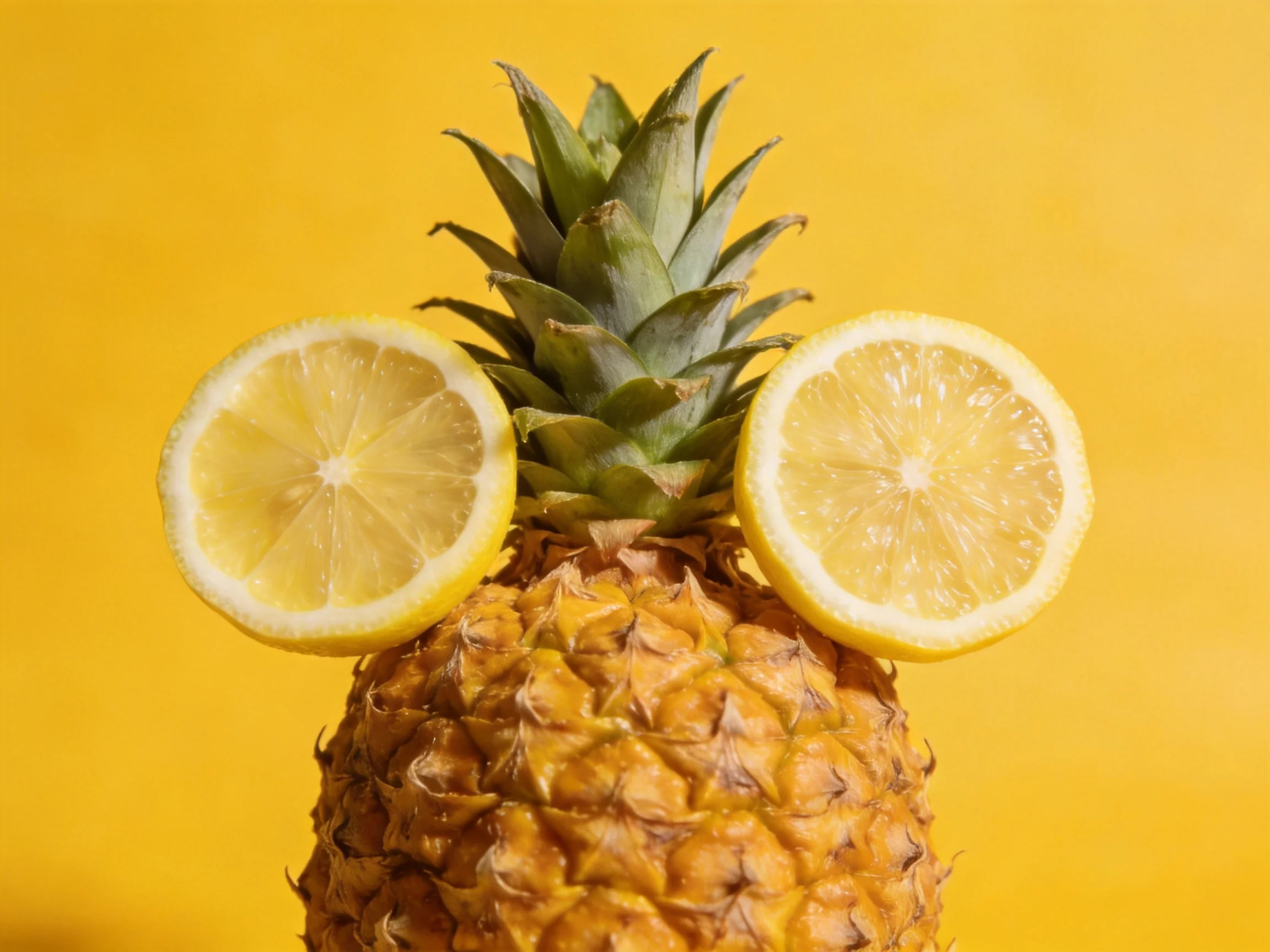 A pineapple with two lemon slices styled as ears on a yellow backdrop