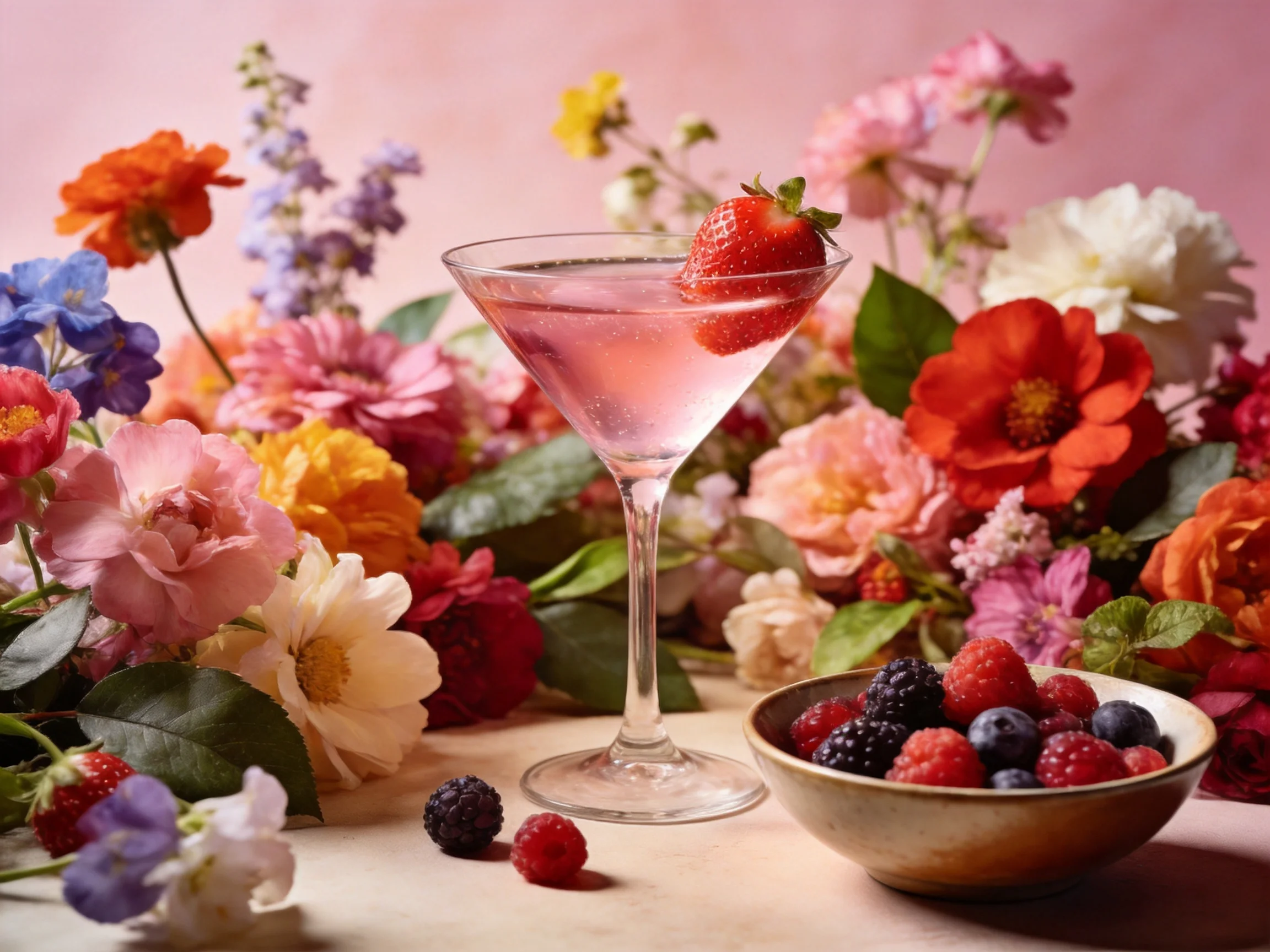 A pink cocktail with strawberry garnish amid vibrant mixed flowers and assorted berries