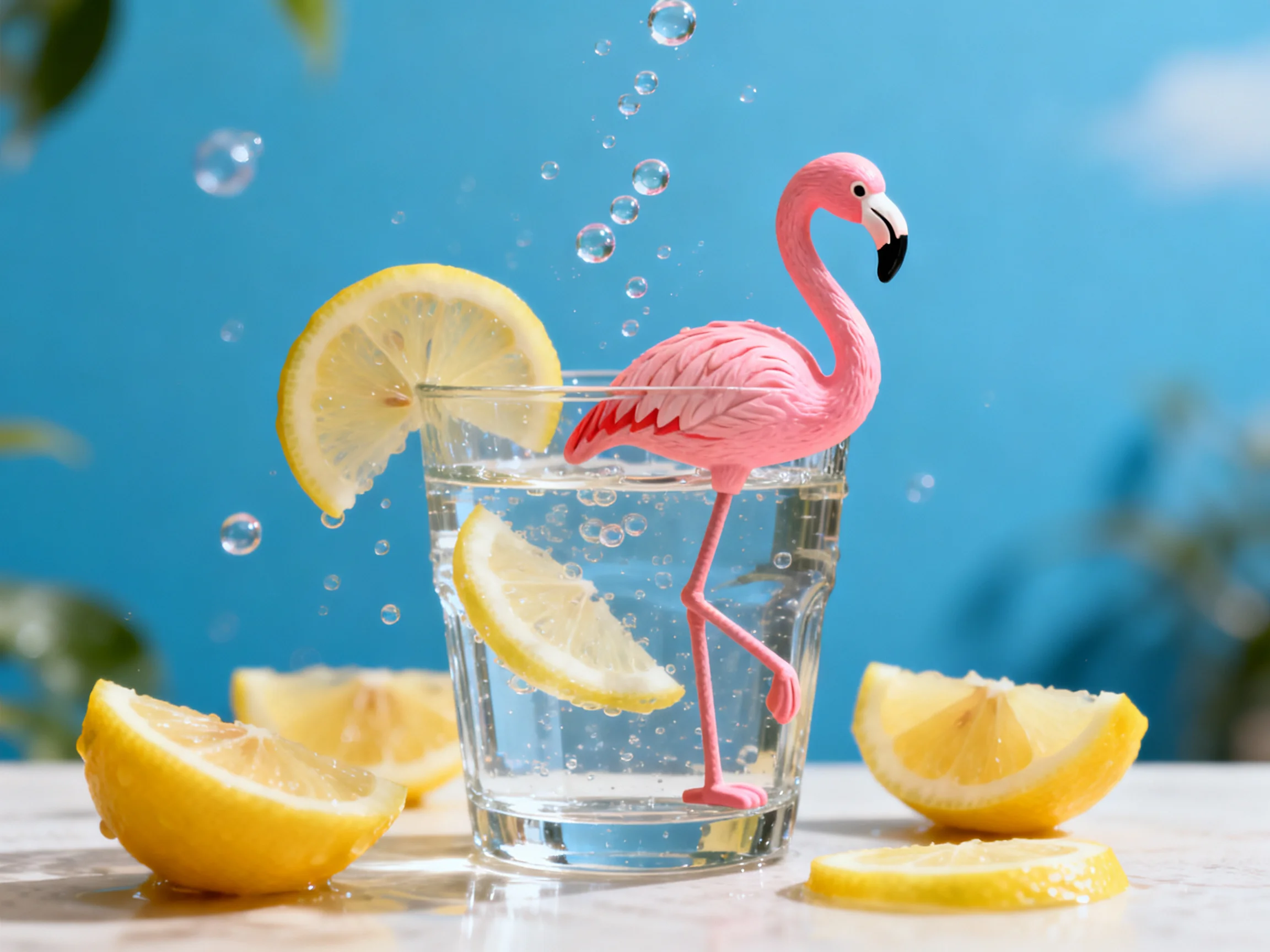 A pink flamingo figurine in a glass with lemons and bubbles