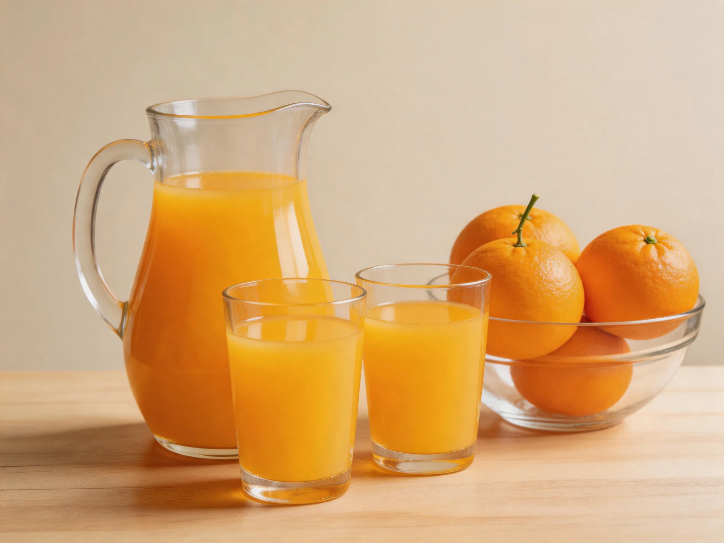A pitcher, two glasses, and four oranges hold vibrant orange juice
