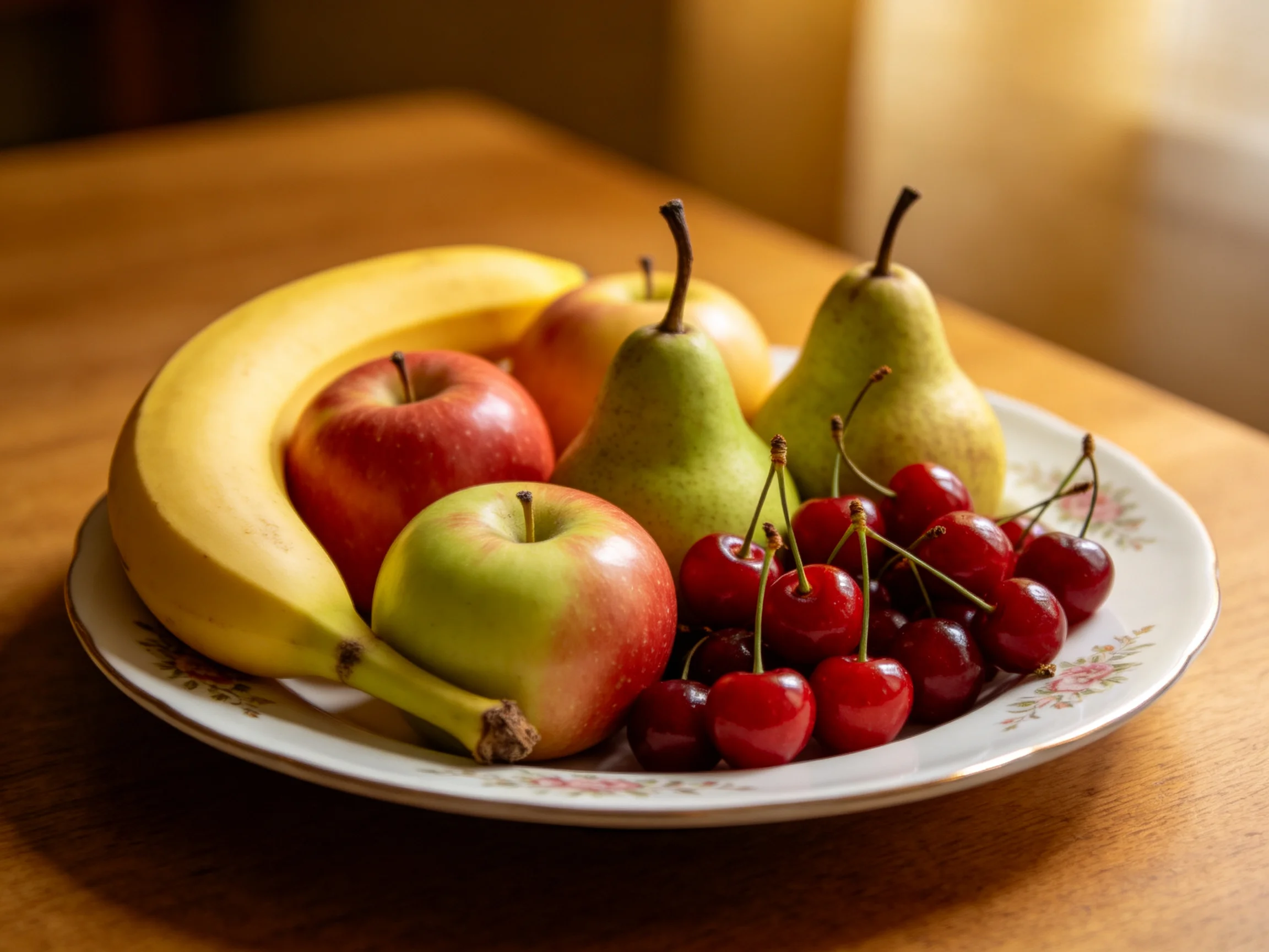 A plate filled with colorful fruits including bananas, apples, pears, and cherries