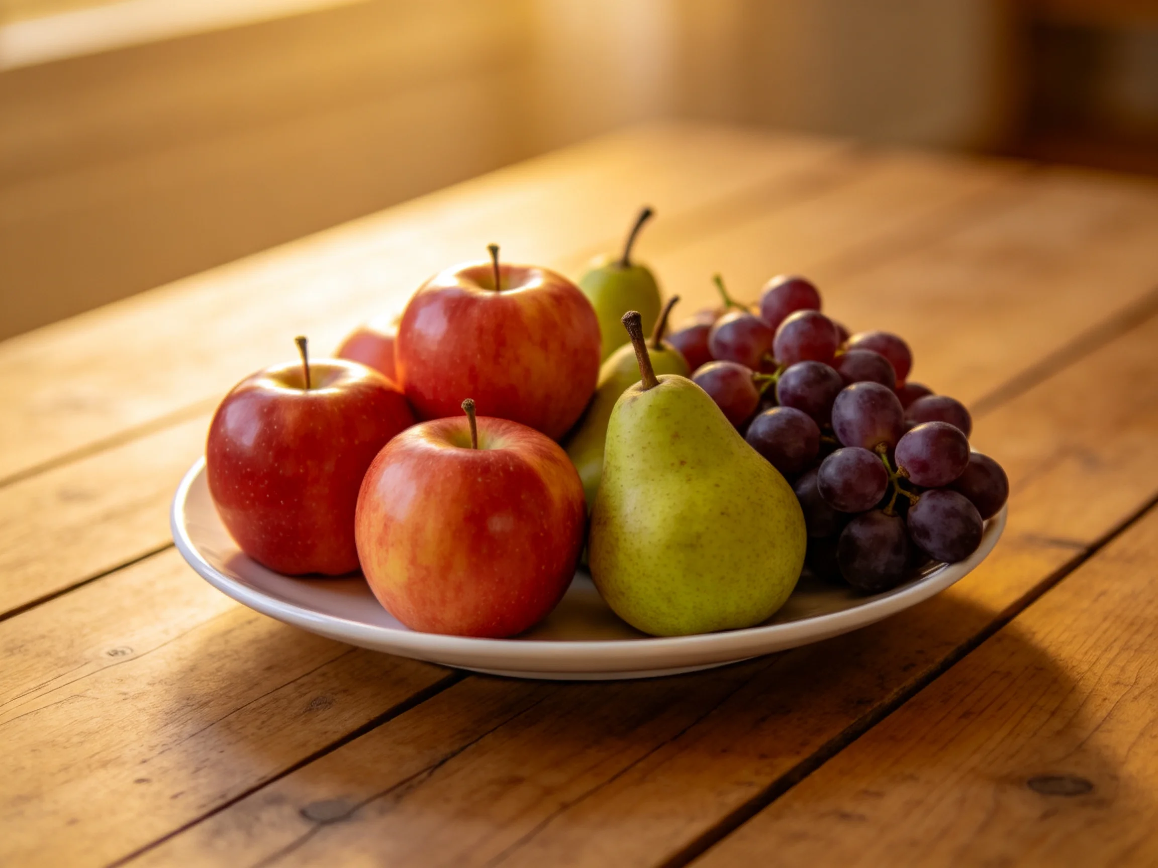 A plate holds red apples, green pears, and purple grapes on a wooden table