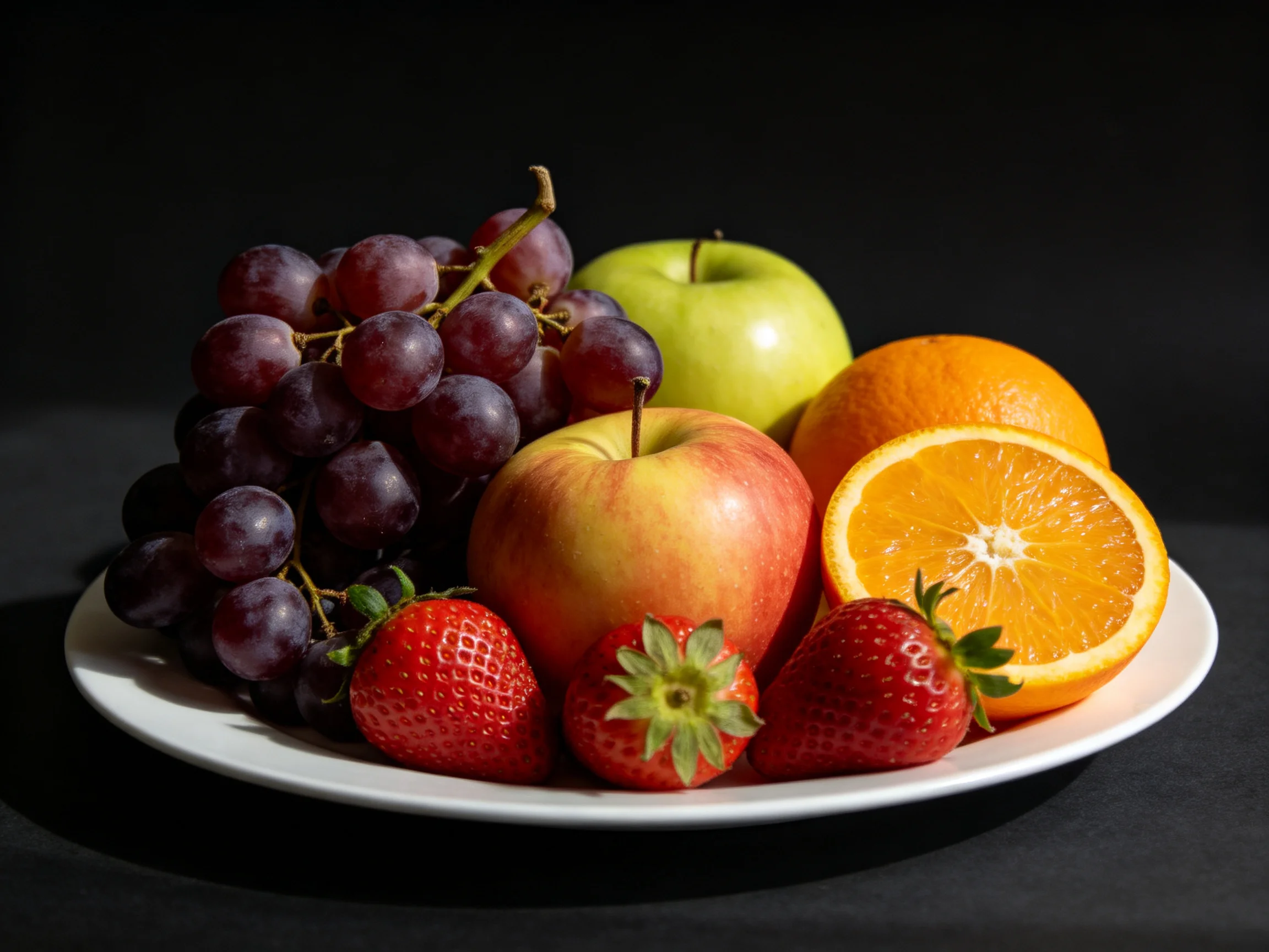 A plate of assorted fruits with purple grapes, green apple, orange slices, and red strawberries