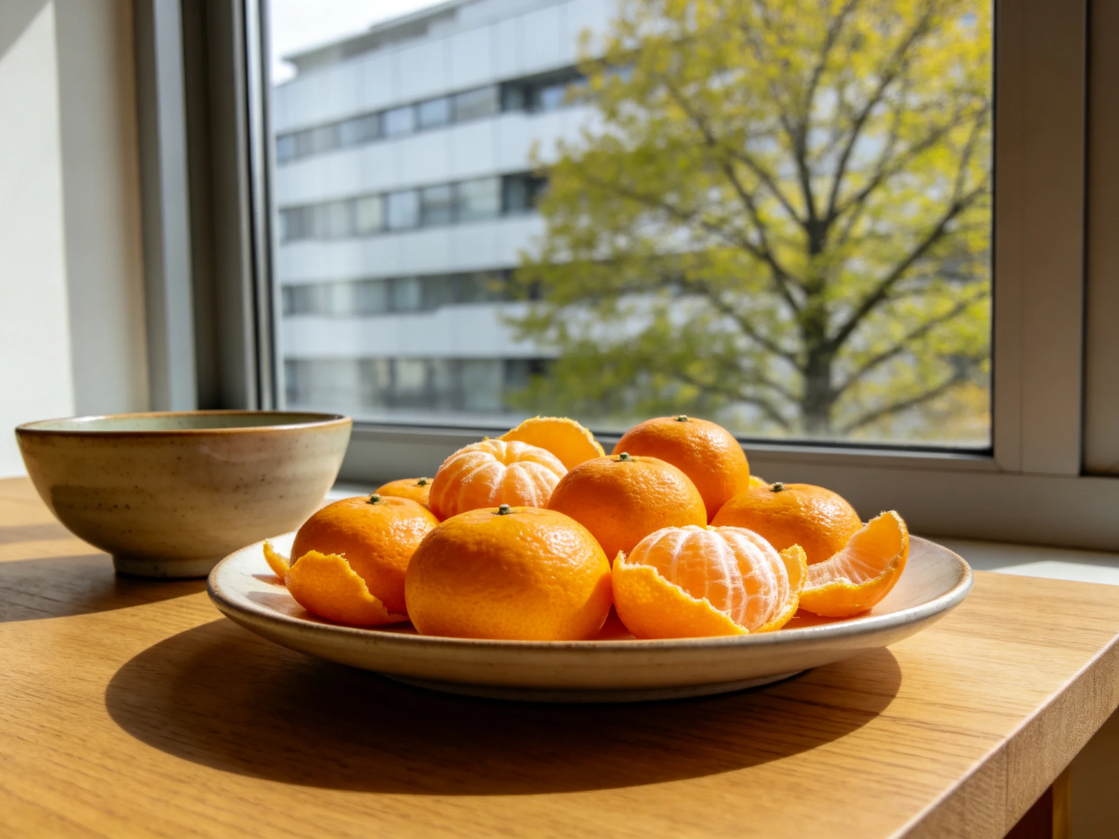 A plate of bright oranges rests by a window with a building and tree outside