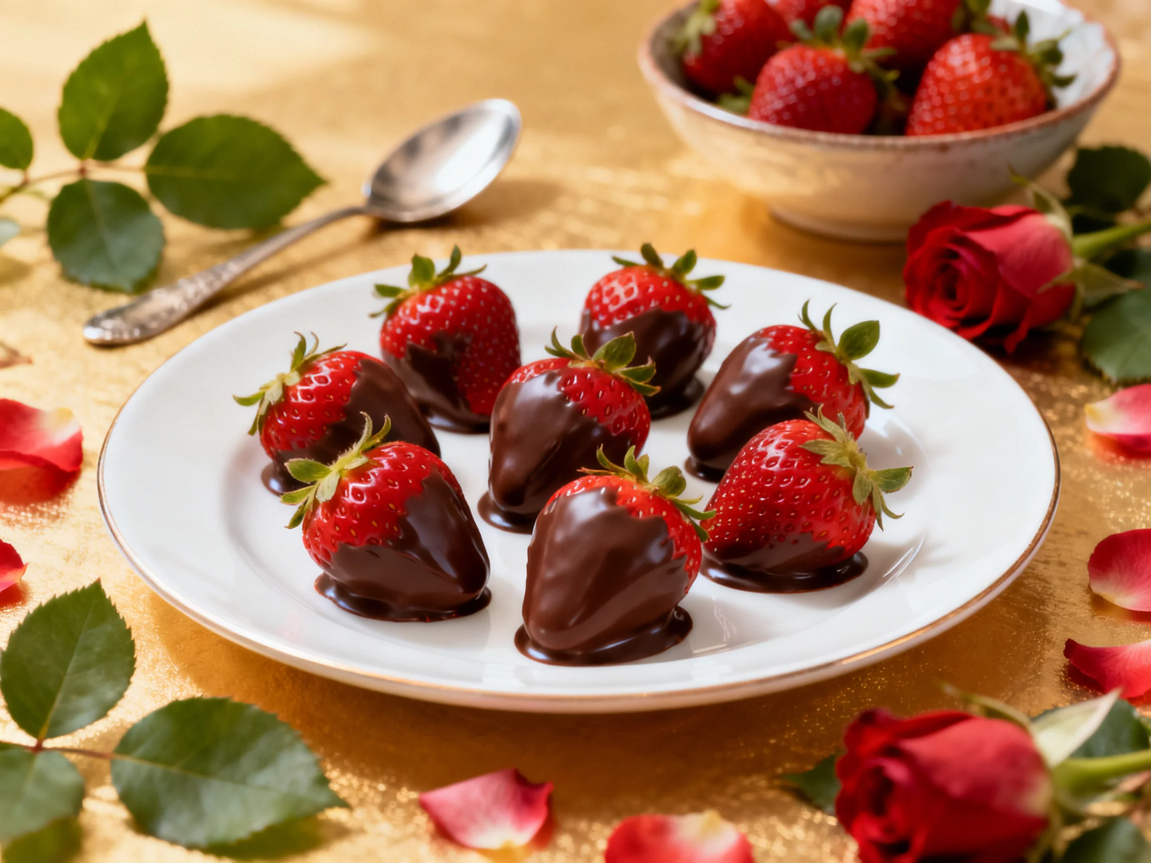 A plate of chocolate-covered strawberries surrounded by red roses and rose petals