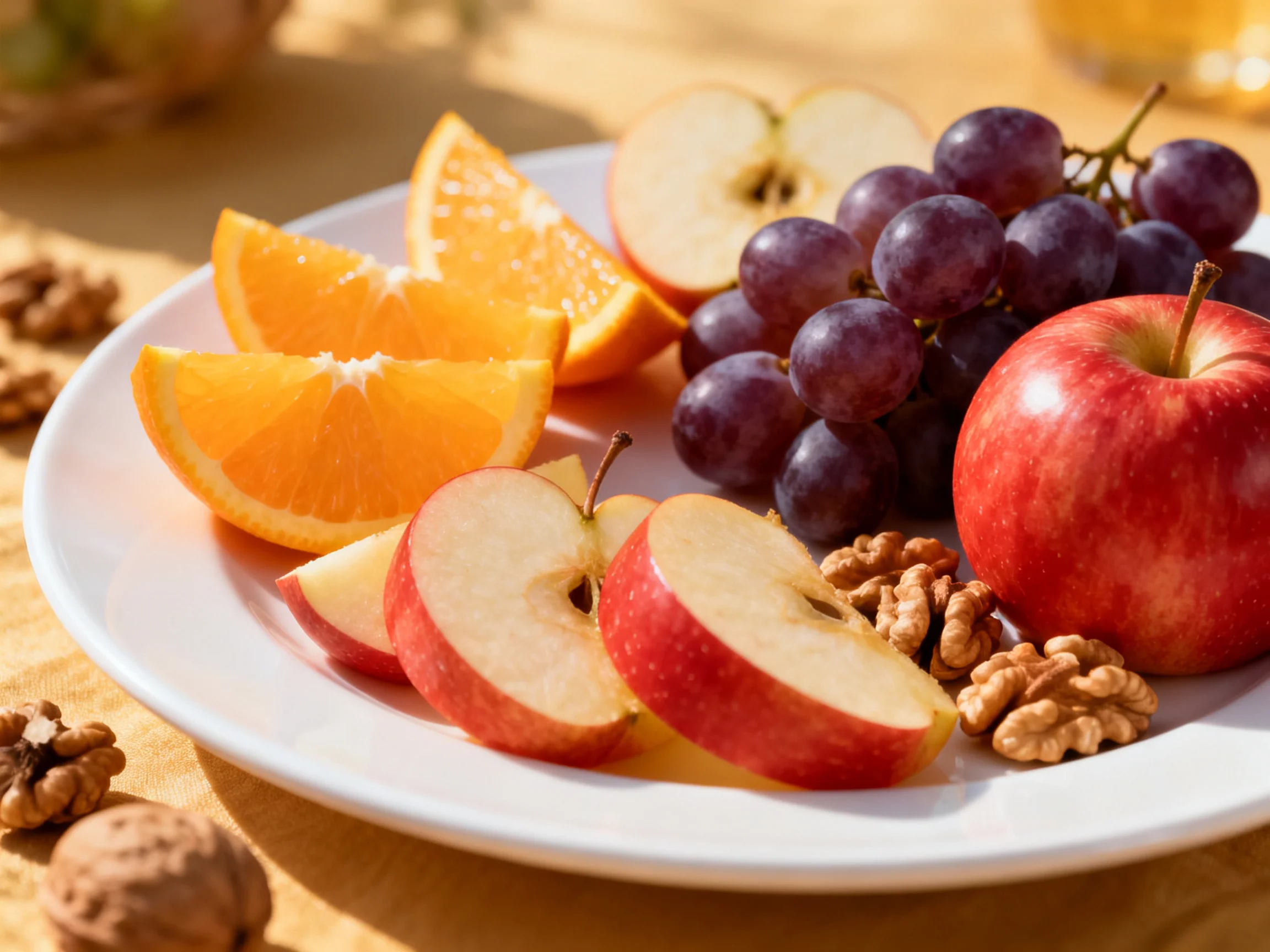 A plate of colorful fruits and nuts featuring orange slices, red apples, and purple grapes