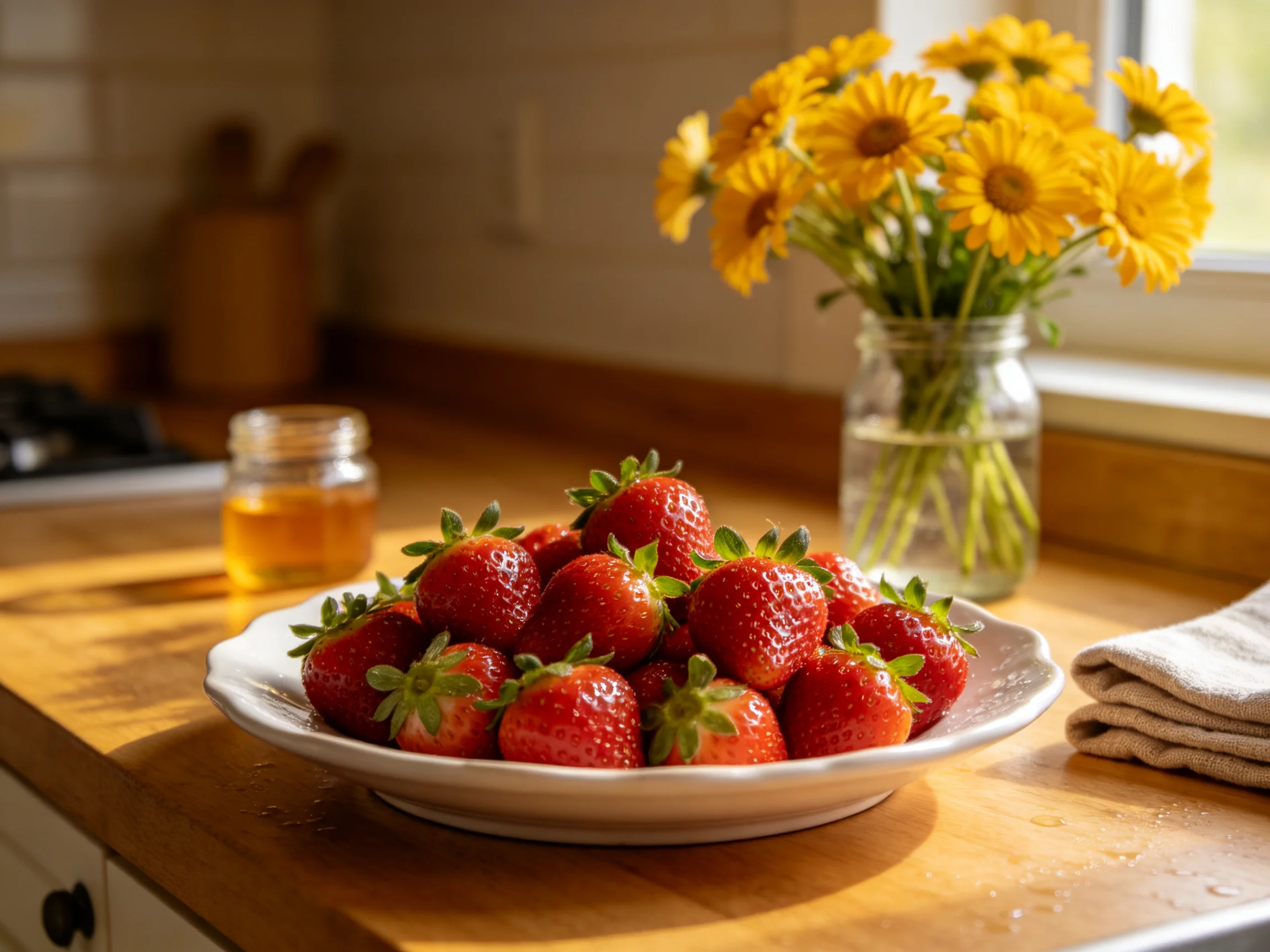 A plate of fresh strawberries beside a vase of yellow flowers on a wooden counter