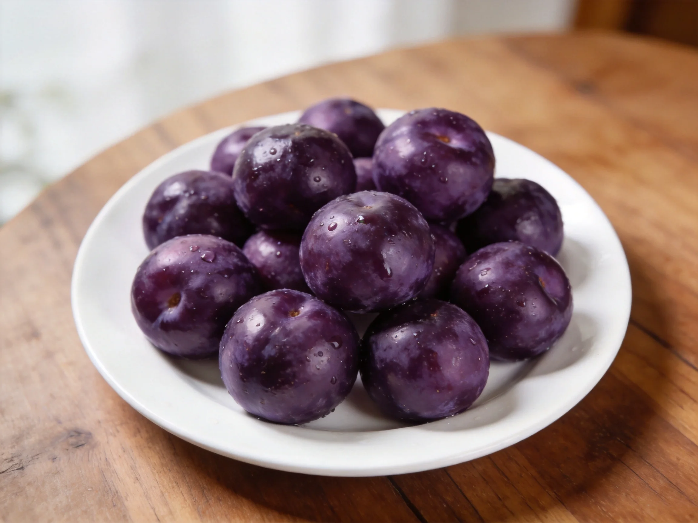 A plate of glossy dark purple plums on a wooden table