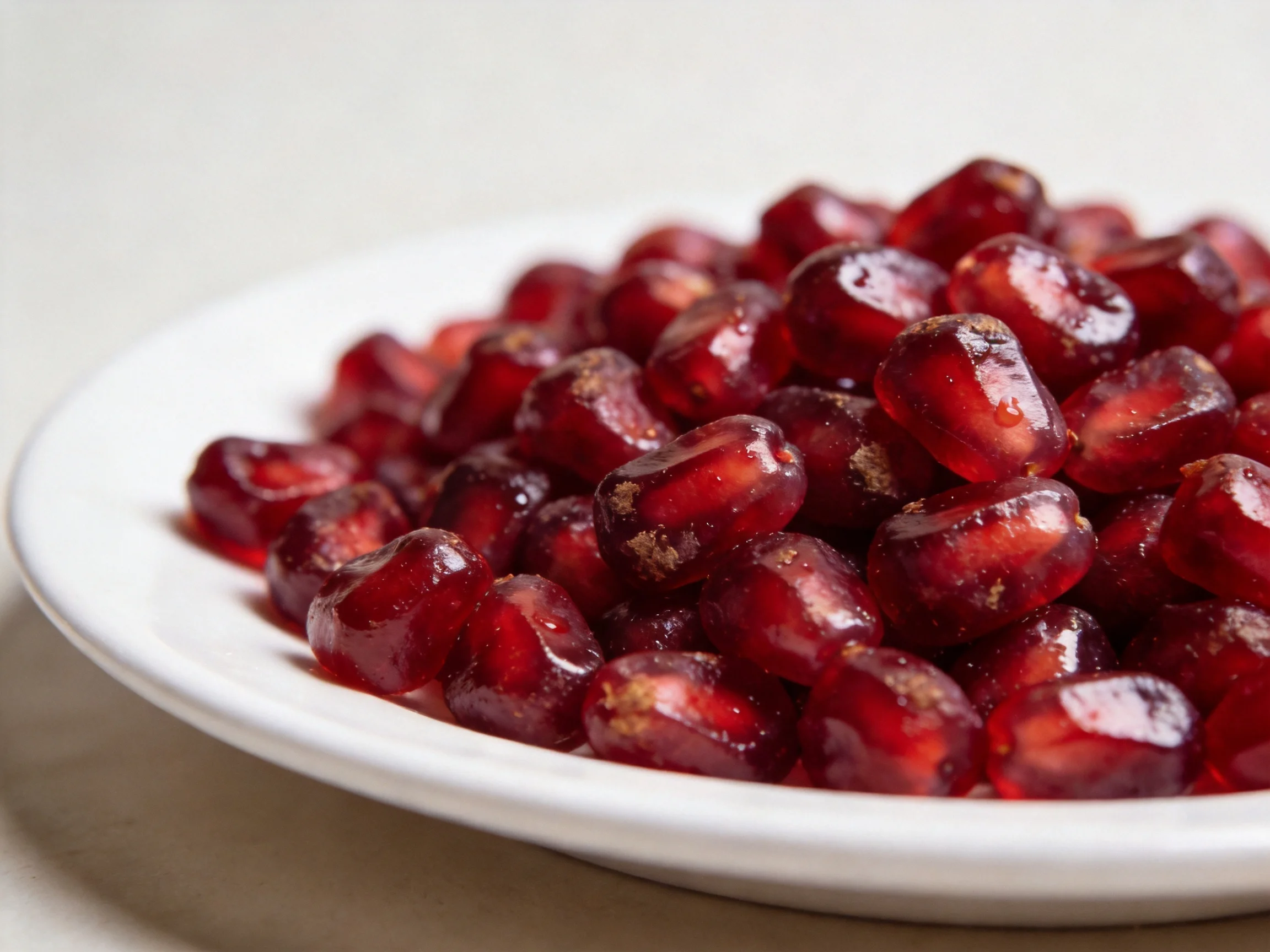 A plate of glossy red pomegranate seeds with subtle seasoning