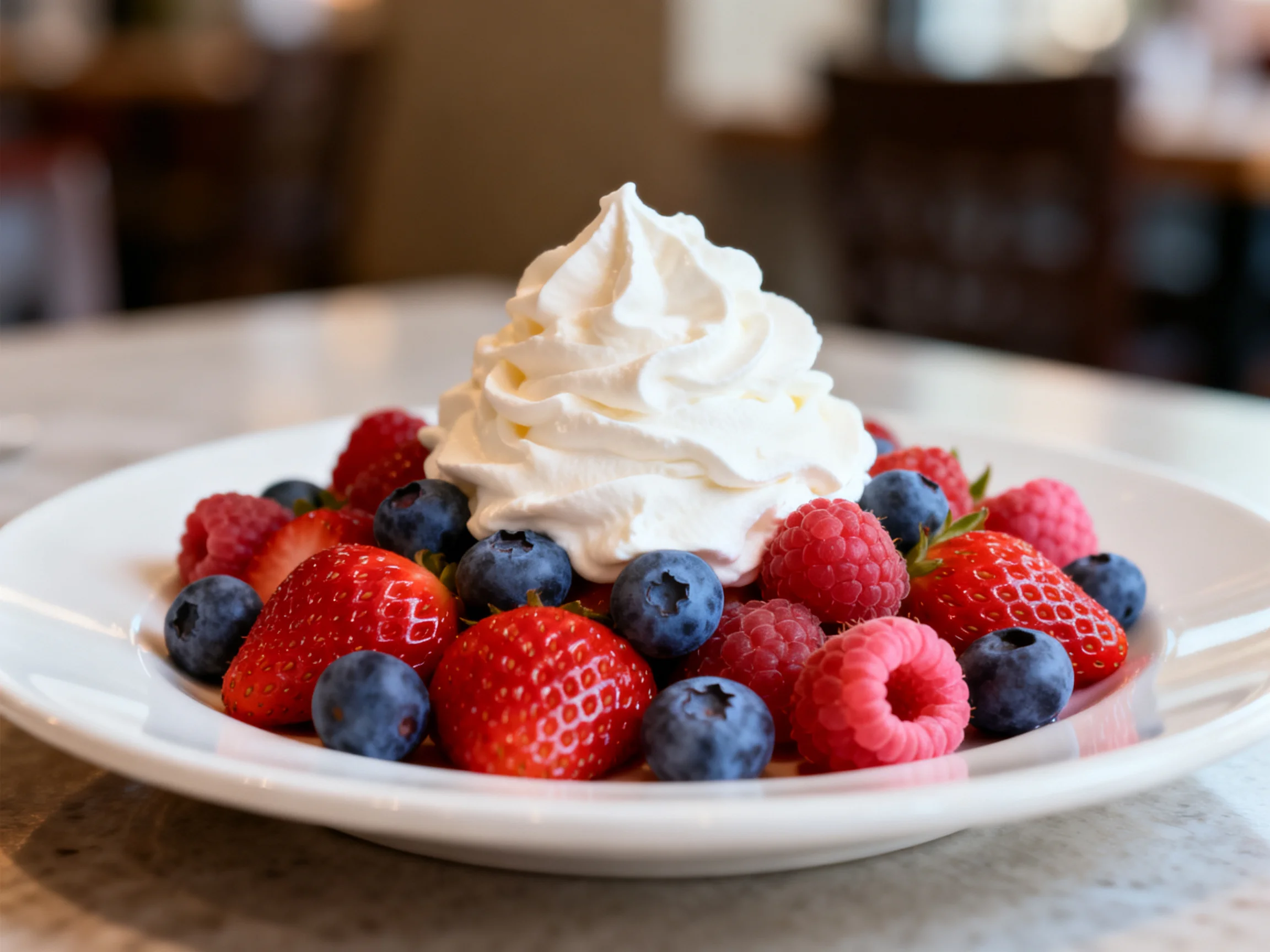 A plate of mixed berries topped with fluffy whipped cream
