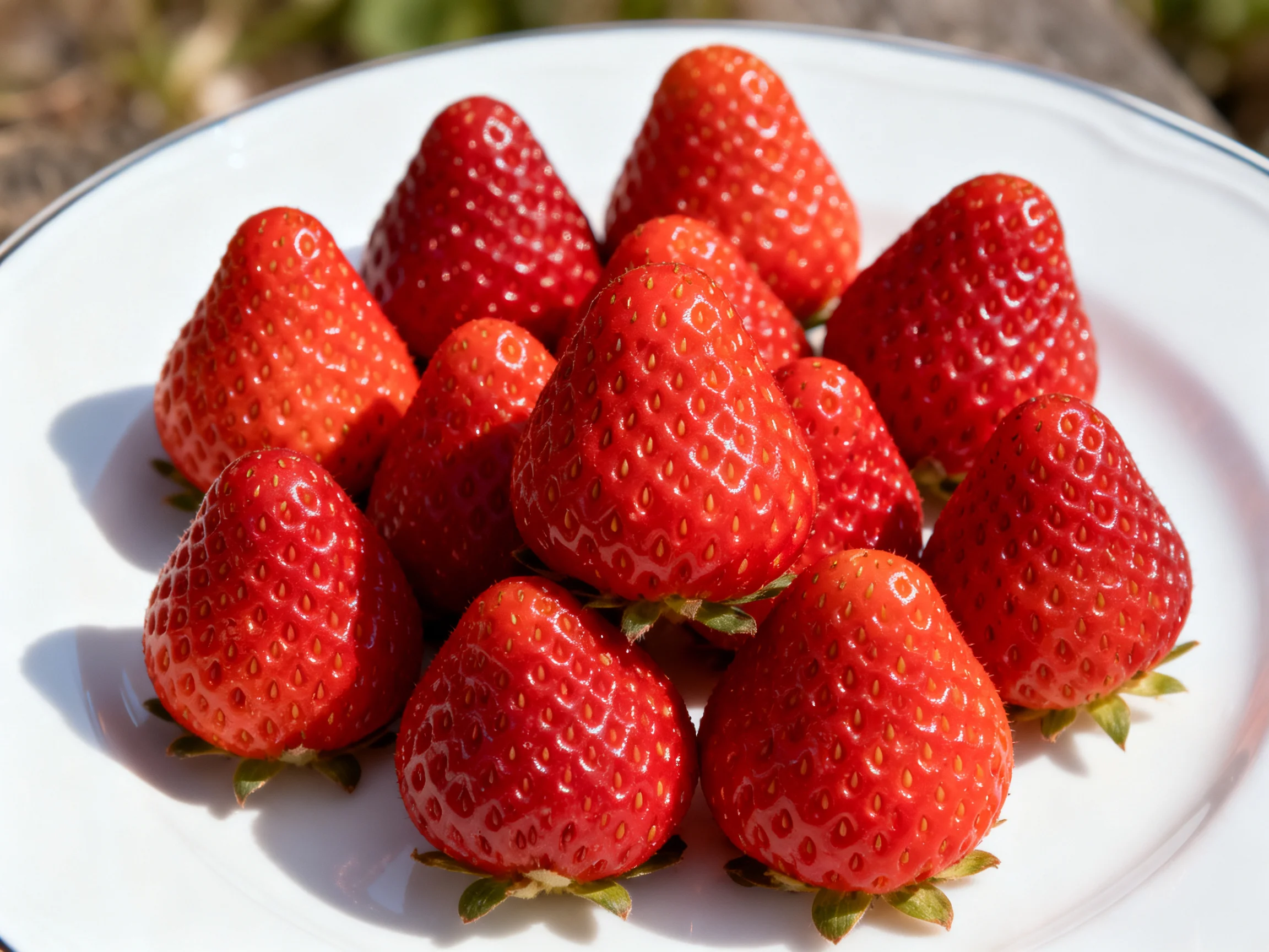 A plate of plump, bright red strawberries clustered closely