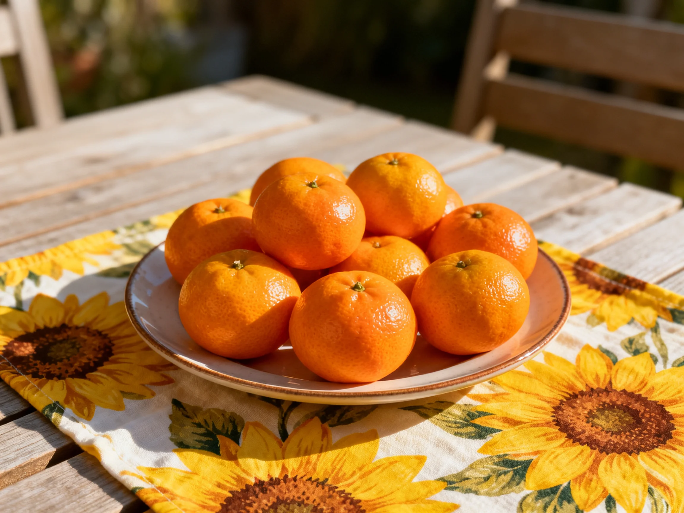 A plate of plump oranges sits on a sunflower-patterned cloth over a wooden patio table.
