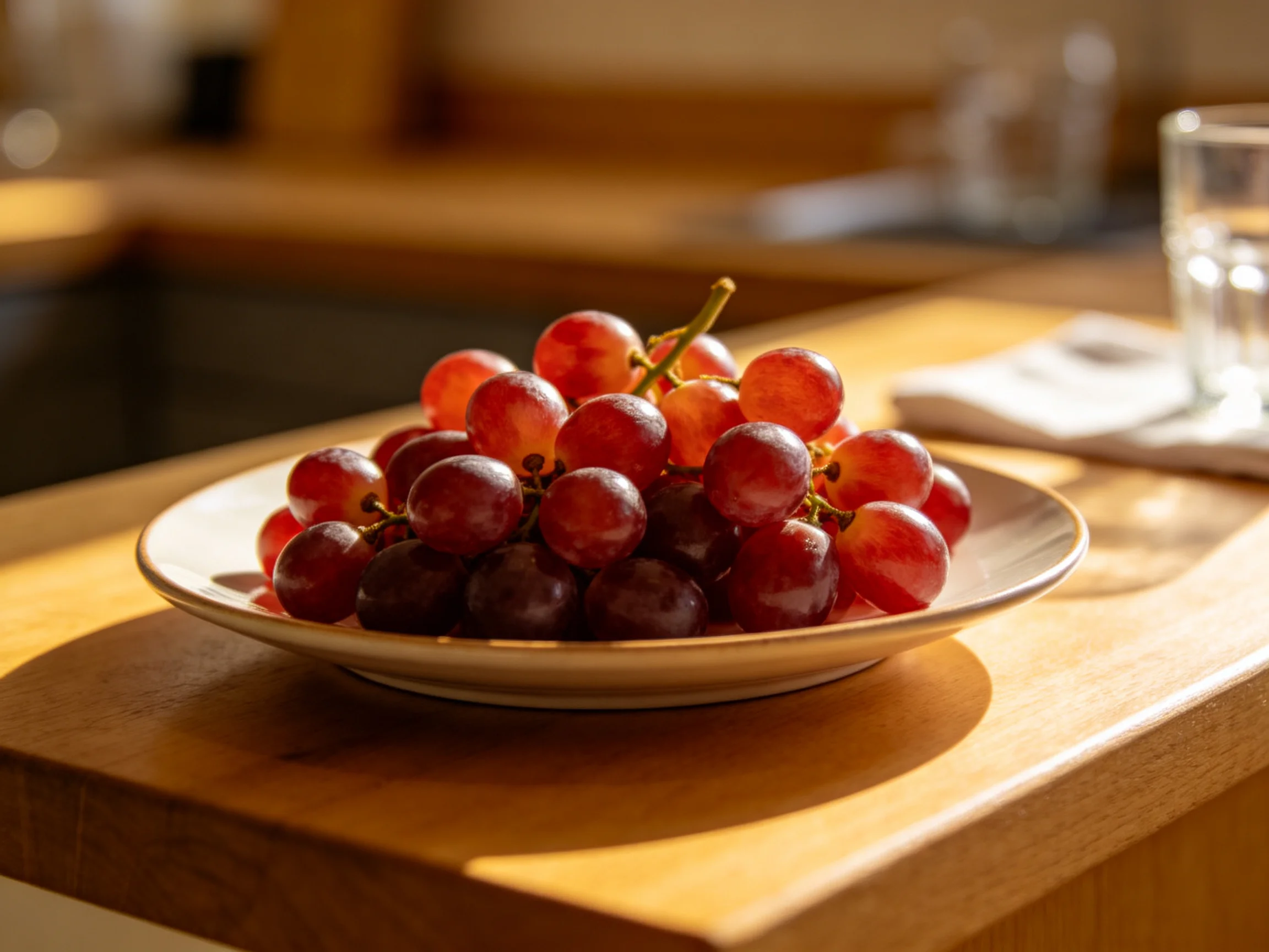 A plate of red and dark purple grapes sits on a wooden countertop.