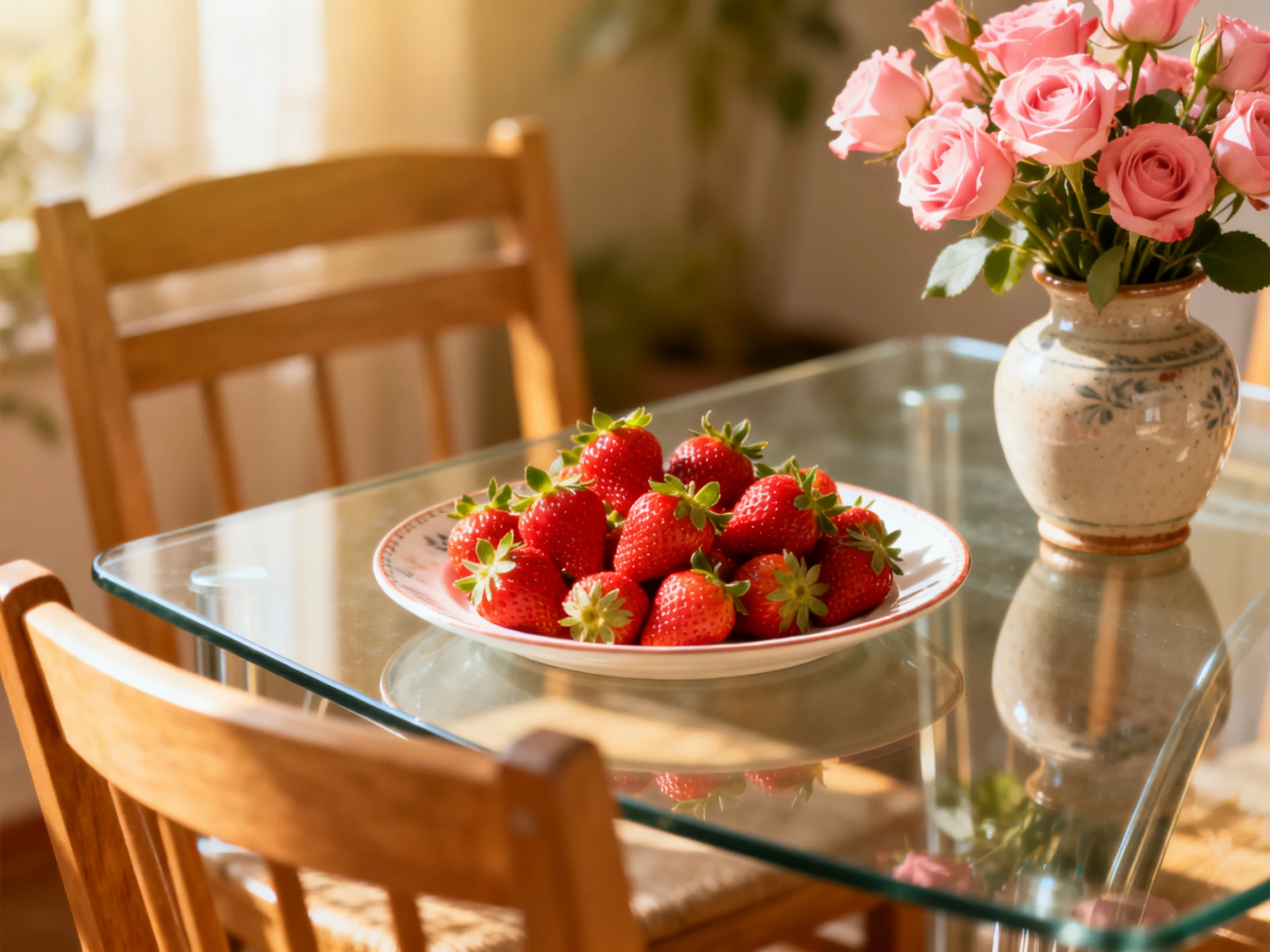 A plate of ripe strawberries beside pink roses on a glass dining table