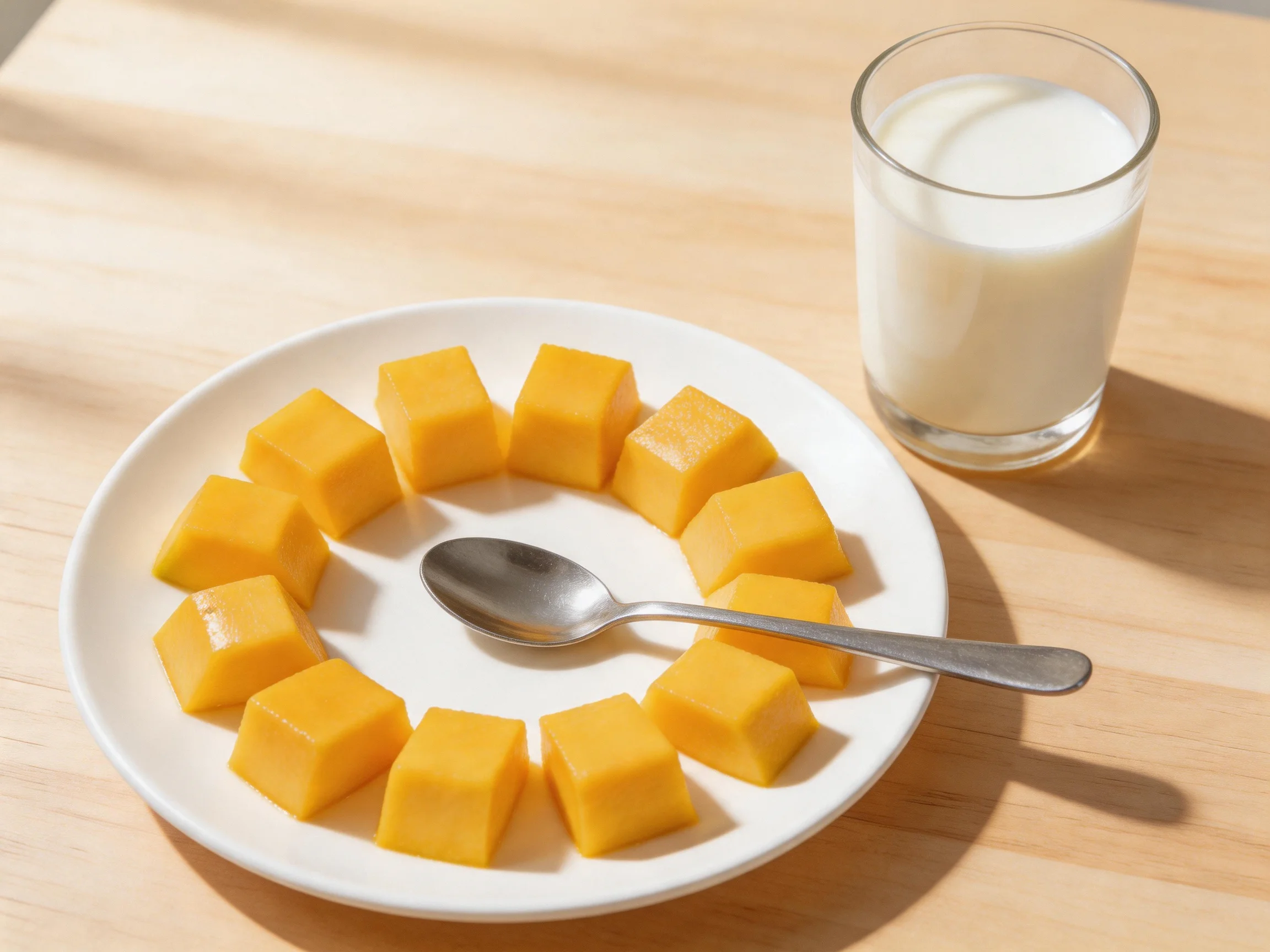 A plate of sliced yellow mangoes next to a glass of milk