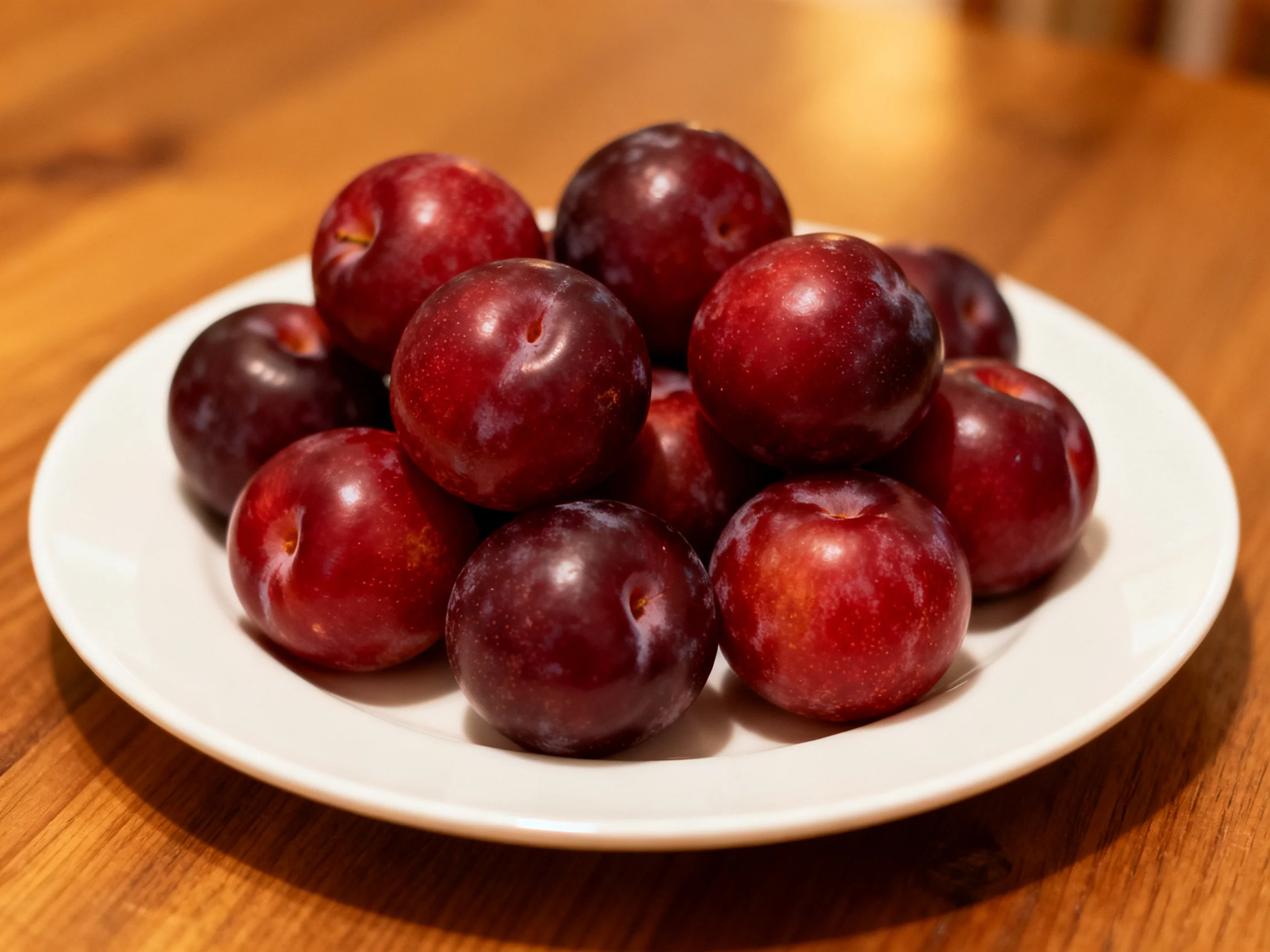 A plate of vibrant red and dark purple plums on a wooden table