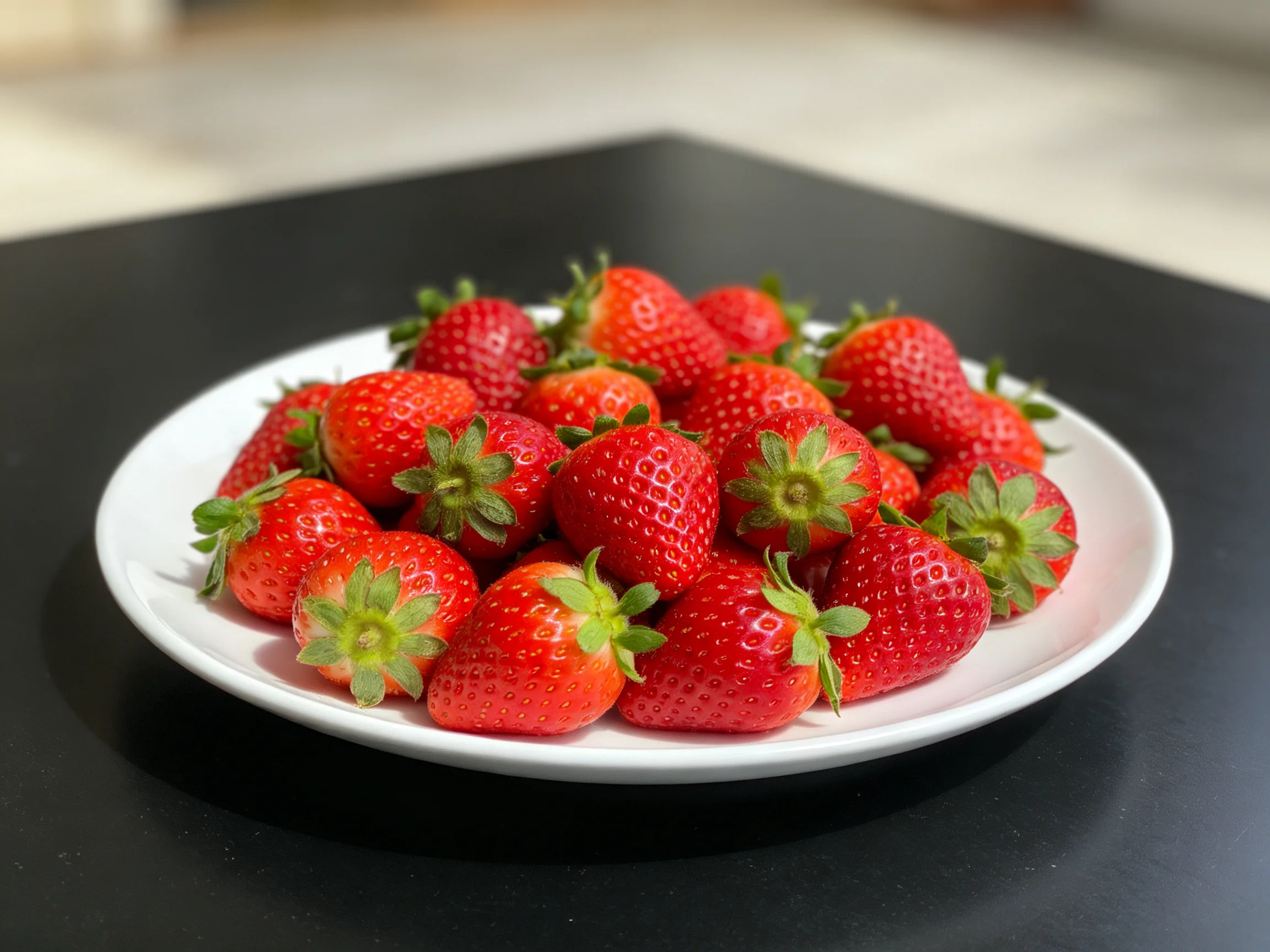 A plate of vibrant red strawberries on a black table surface